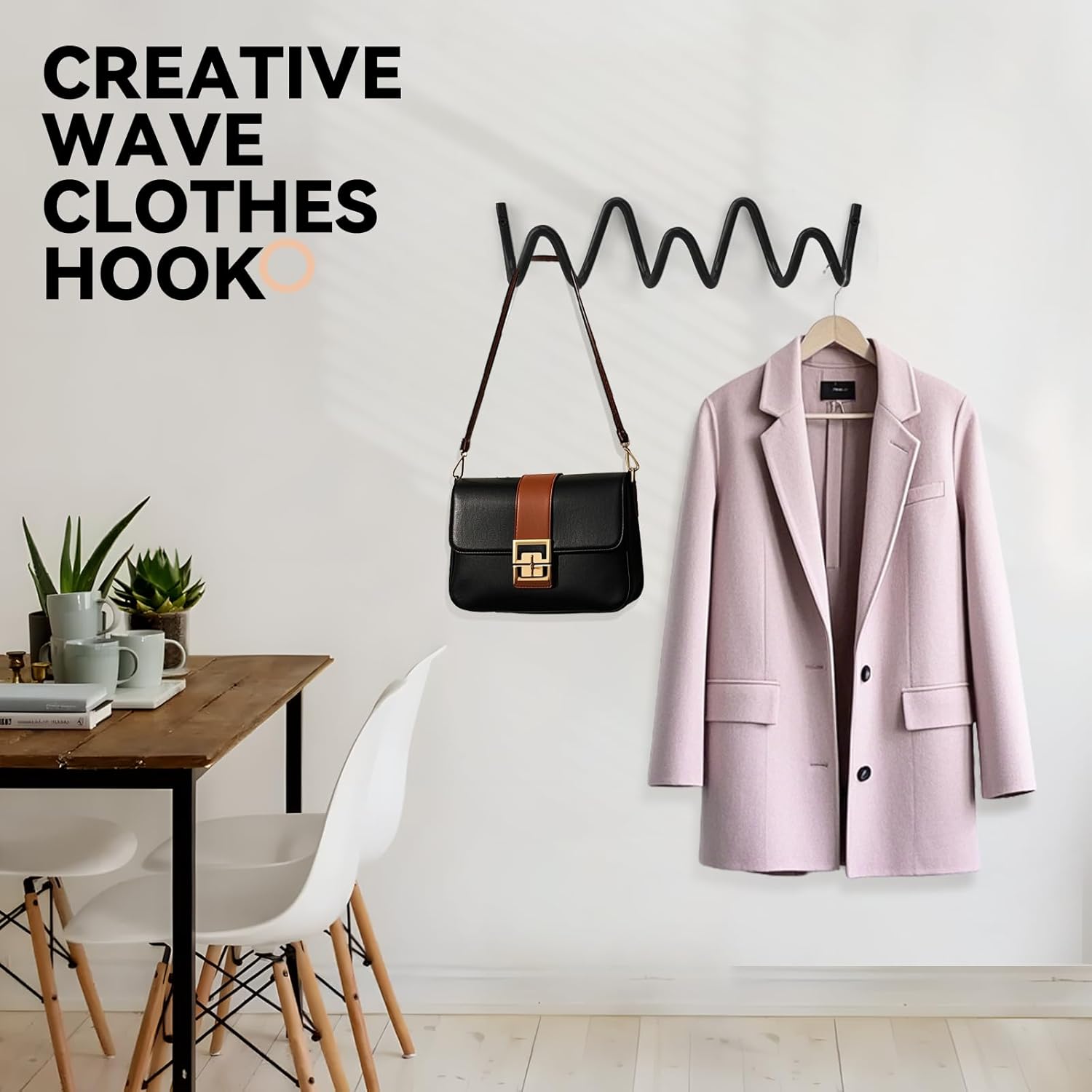 Coat Rack Wall Mount, Creative Wave Wall Hooks 20KG Capacity, Easy Installation, Multi-Purpose Hooks for Coat, Hat, Bag, Umbrella (Black, 29cm x 7.5cm (11.41" x 2.95")) - Image 3
