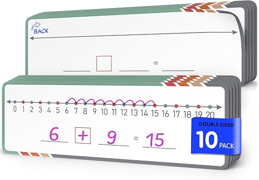 Scribbledo Dry Erase Number Line for Students Grades K2-K3, 10 Pack Double-Sided 0-20 and Open Number Line Layouts for Hands-On Elementary Math Practice, Classroom, Homeschool and Tutoring 4x12 Inch