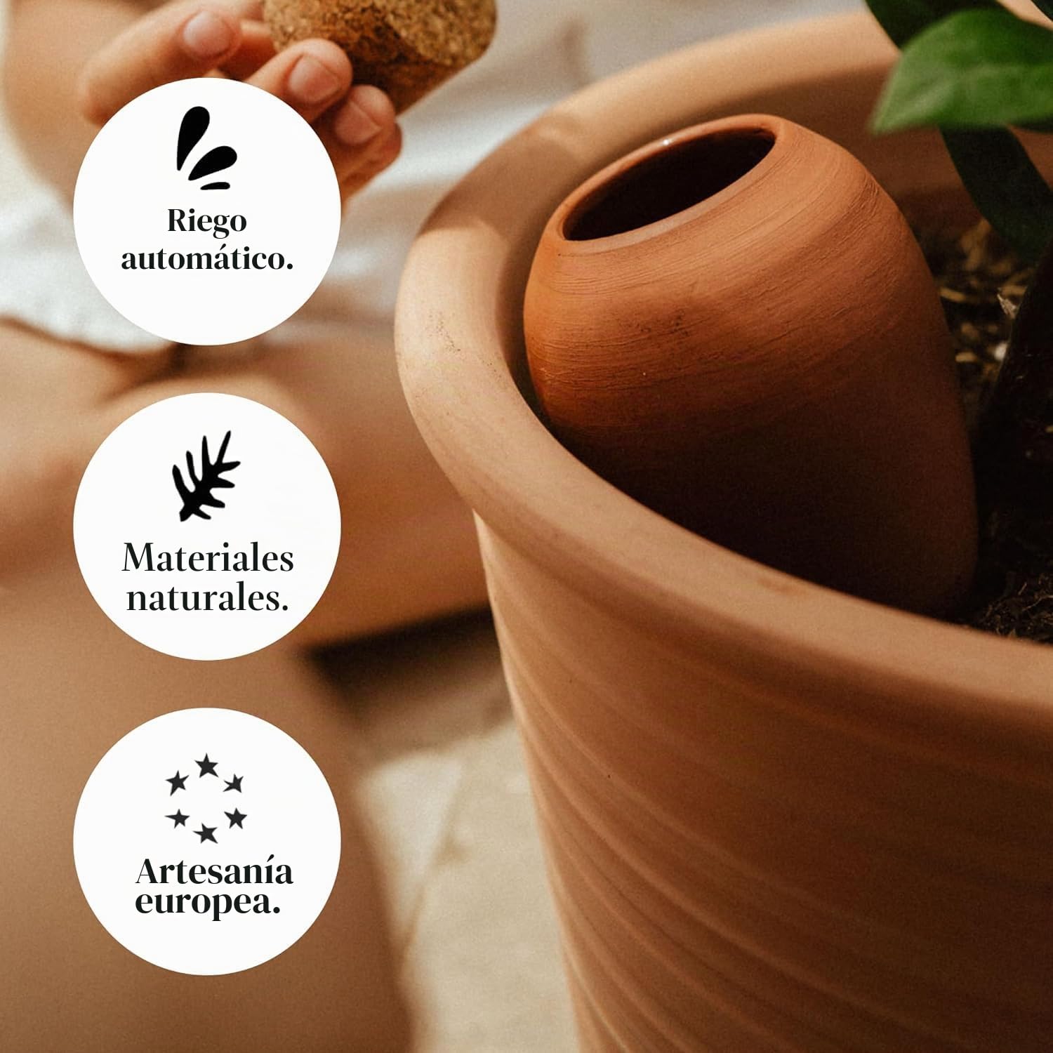Pepin | 2X Macetas de Terracota para Plantar | Riego Automático y Ecológico para Plantas de Interior y Exterior | Sistema de Riego Natural | Autonomía de Aproximadamente 1 Semana | OYA Verde - 25cl