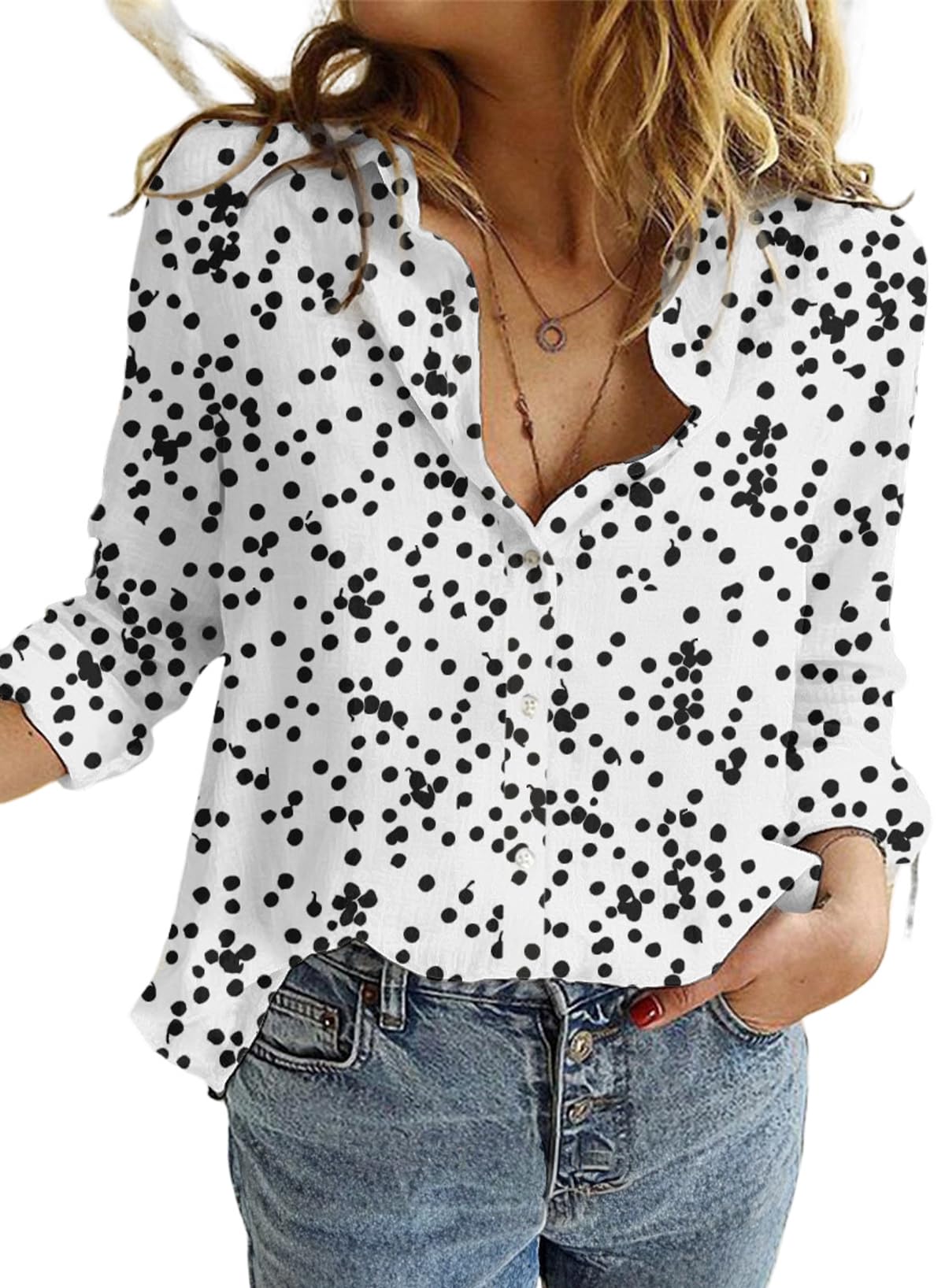 Dokotoo Women's Casual V Neck Alicia Floral Print Roll Up Long Sleeve Chiffon Button Down Blouses Bohemian Top Shirts