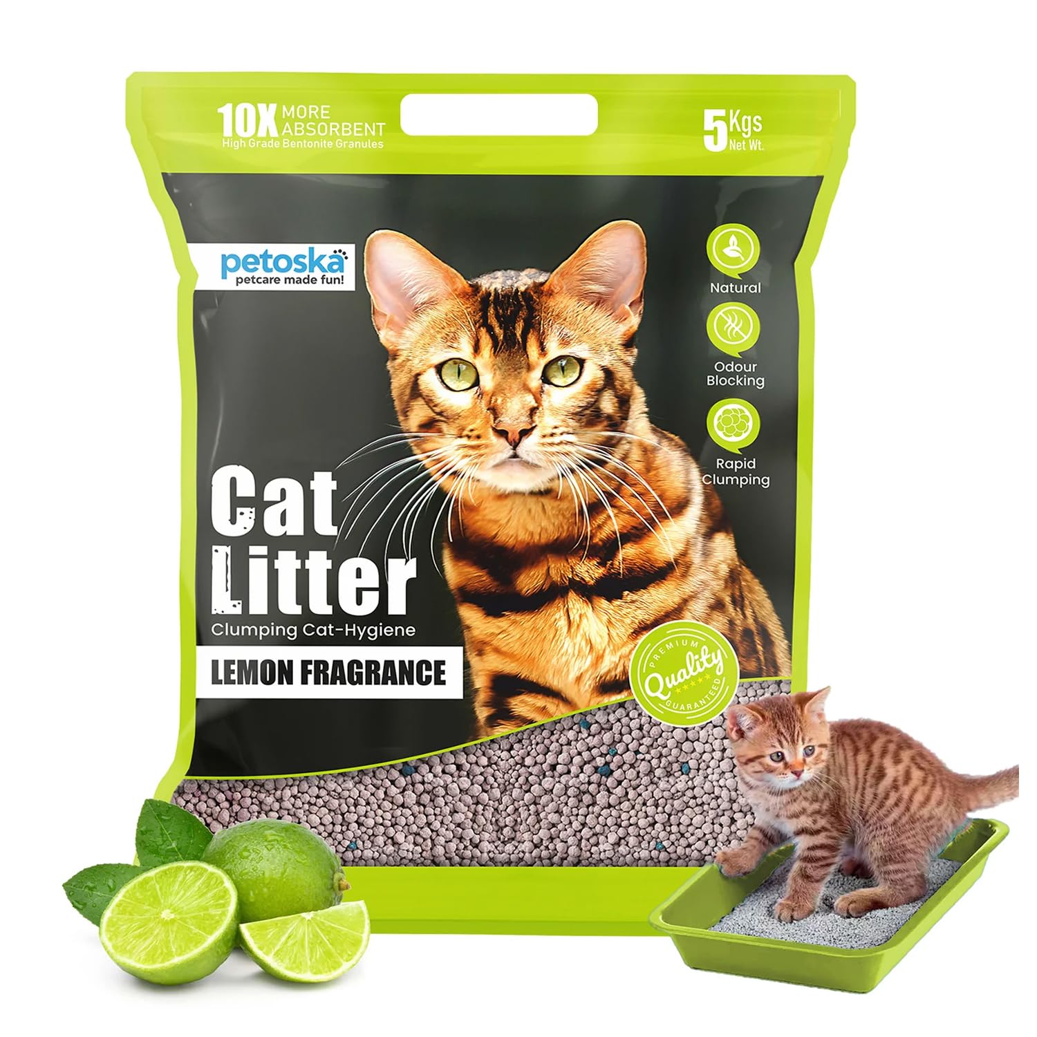 Petoska Cat Litter 5kg Lemon | Fast-Clumping Bentonite Cat Litter with Odour Lock, Low Dust & Gentle on Paws | Fresh & Zesty Litter Box Everyday