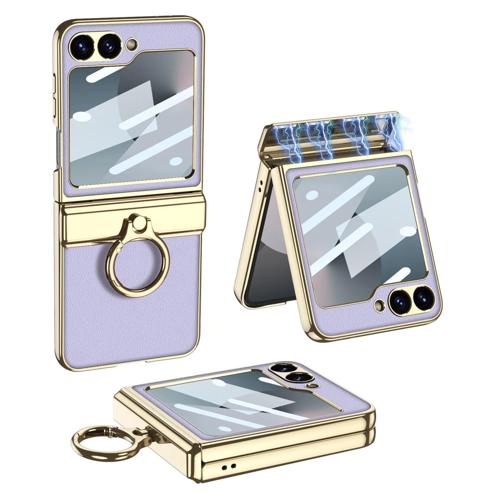 Coque Galaxy Flip6 rigide violette antichoc avec vitre externe et bague de support - 7