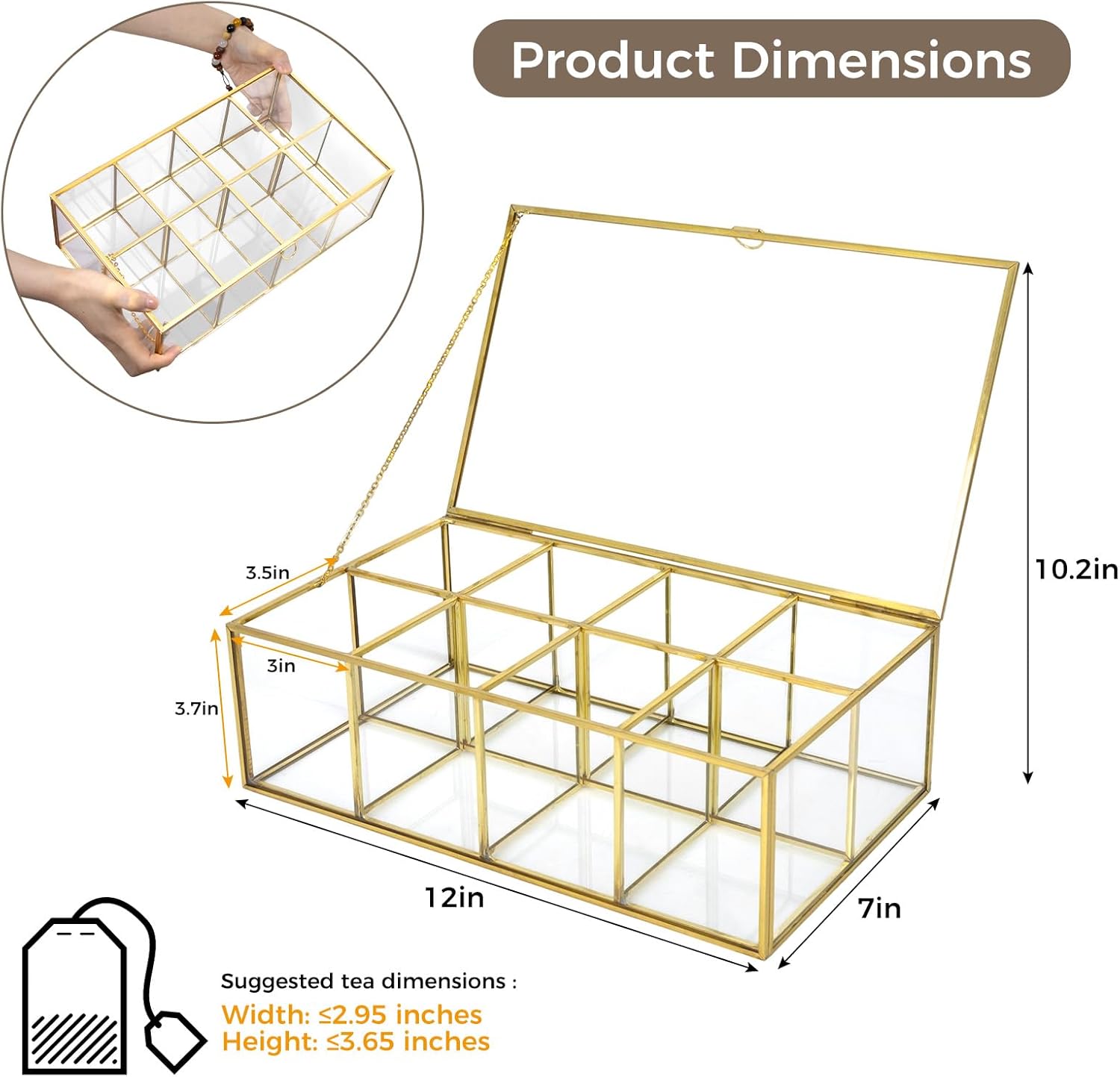 HighFree Gold Glass Tea Bag Organizer, Clear Storage Glass Box with Lid, Counter Top Collection Box for Tea, Surgar & Coffee Bags (8 Compartments)
