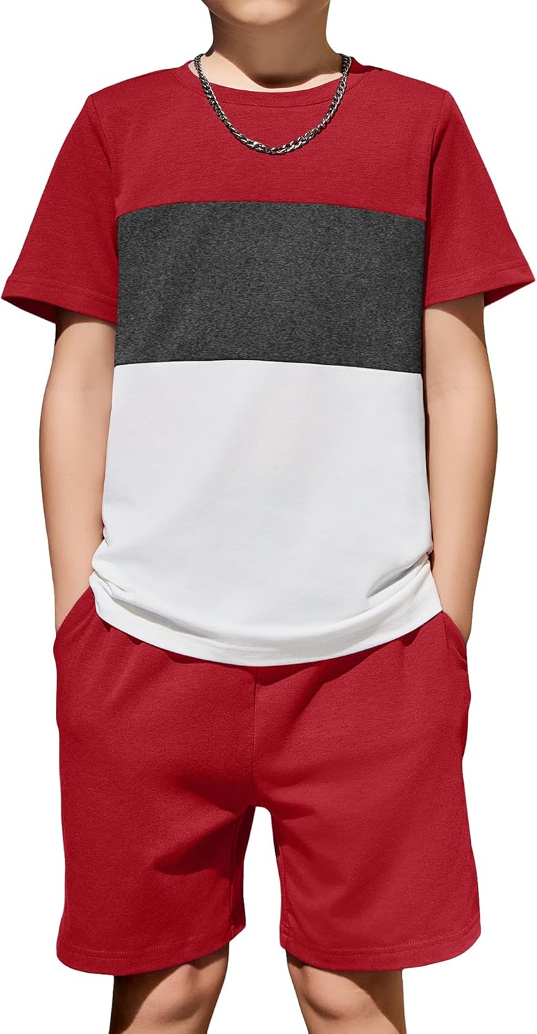 Arshiner Boys' 2-Piece Cotton Outfit Color Block T-Shirt and Shorts Set Casual Summer Clothes for Kids 6-14 Years