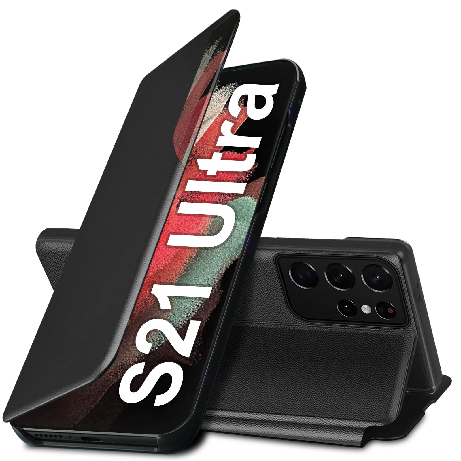 S21 Ultra Flip Case for Samsung Galaxy S21 Ultra 5G Case, Clear View Slim  Fit Leather Cover for Samsung S21 Ultra Phone Case with Kickstand Rugged