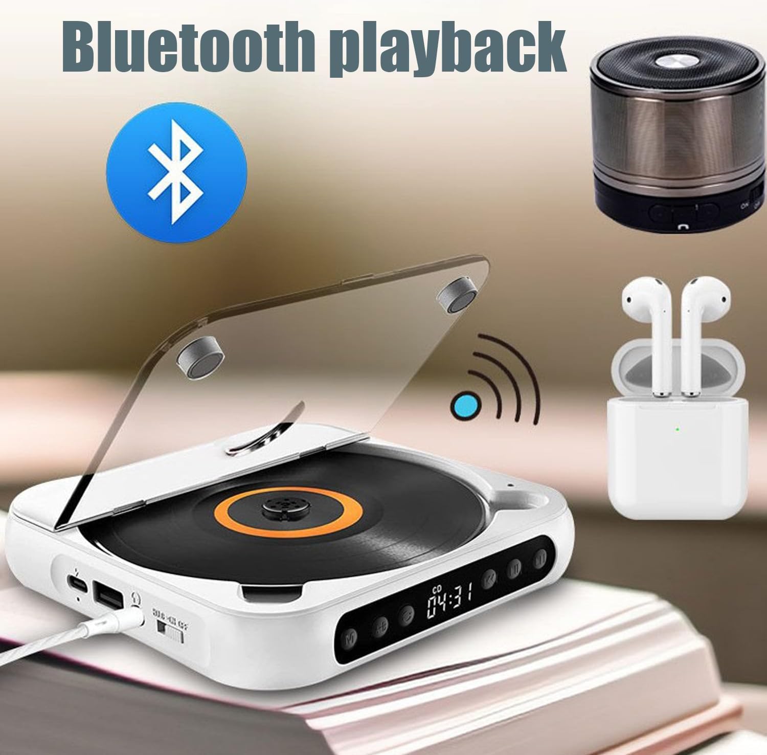 Lettore CD portatile con Bluetooth, suono Hi-Fi, lettore musicale compatto ricaricabile per viaggi e casa