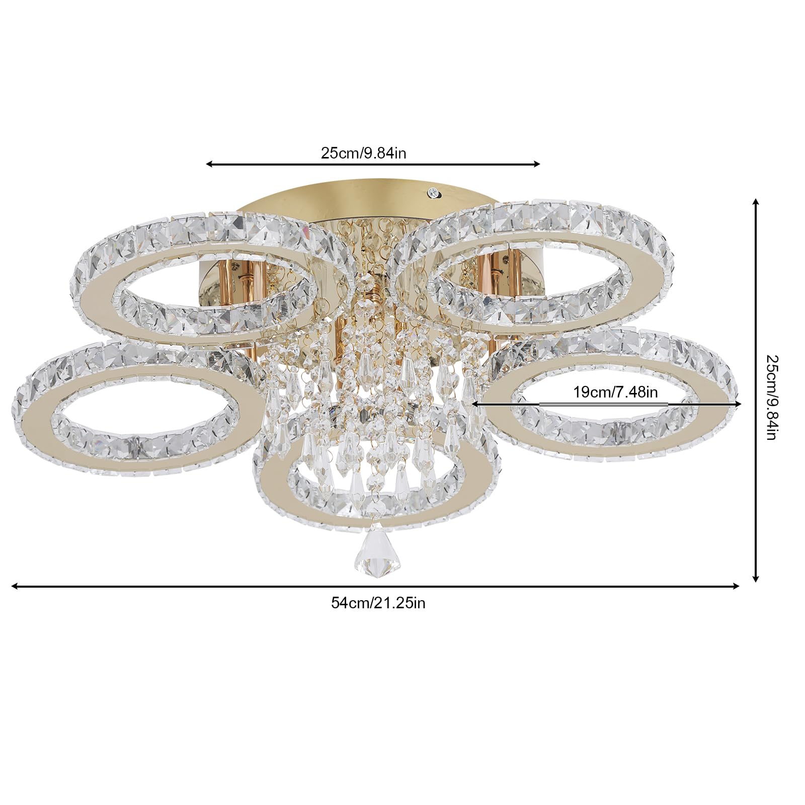 VETRULUS Moderner Kristall-Kronleuchter – Goldene LED-Deckenleuchte mit 5 Ringen, Dimmbar für Schlafzimmer, Wohnzimmer, Esszimmer, Flur