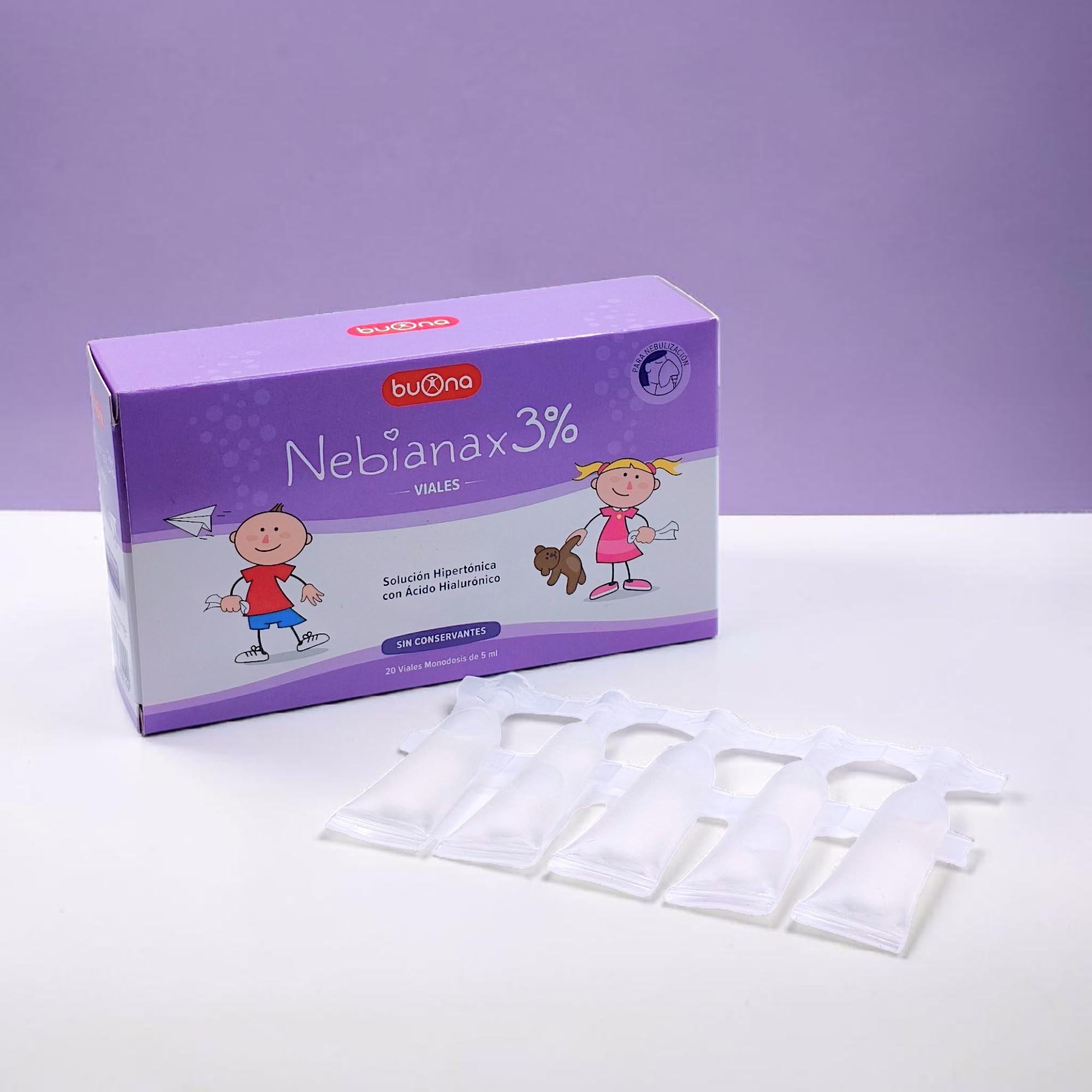 Buona Nebianax 3% Solución Salina Hipertónica con Ácido Hialurónico - Pack Ahorro 2 x 20 Viales de 5ml - Descongestivo Nasal para Bebés y Niños - Alivio Rápido de Mocos y Congestión - Nebial