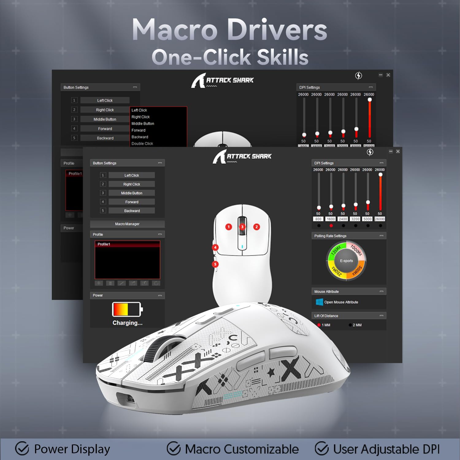 Mysz SUPERLIGHT ATTACK SHARK X6 49 g z magnetyczną stacją ładującą, czujnik do gier PixArt PAW3395, bezprzewodowa/przewodowa mysz do gier BT/2.4G z taśmą, 26000 DPI, myszy z (białe)