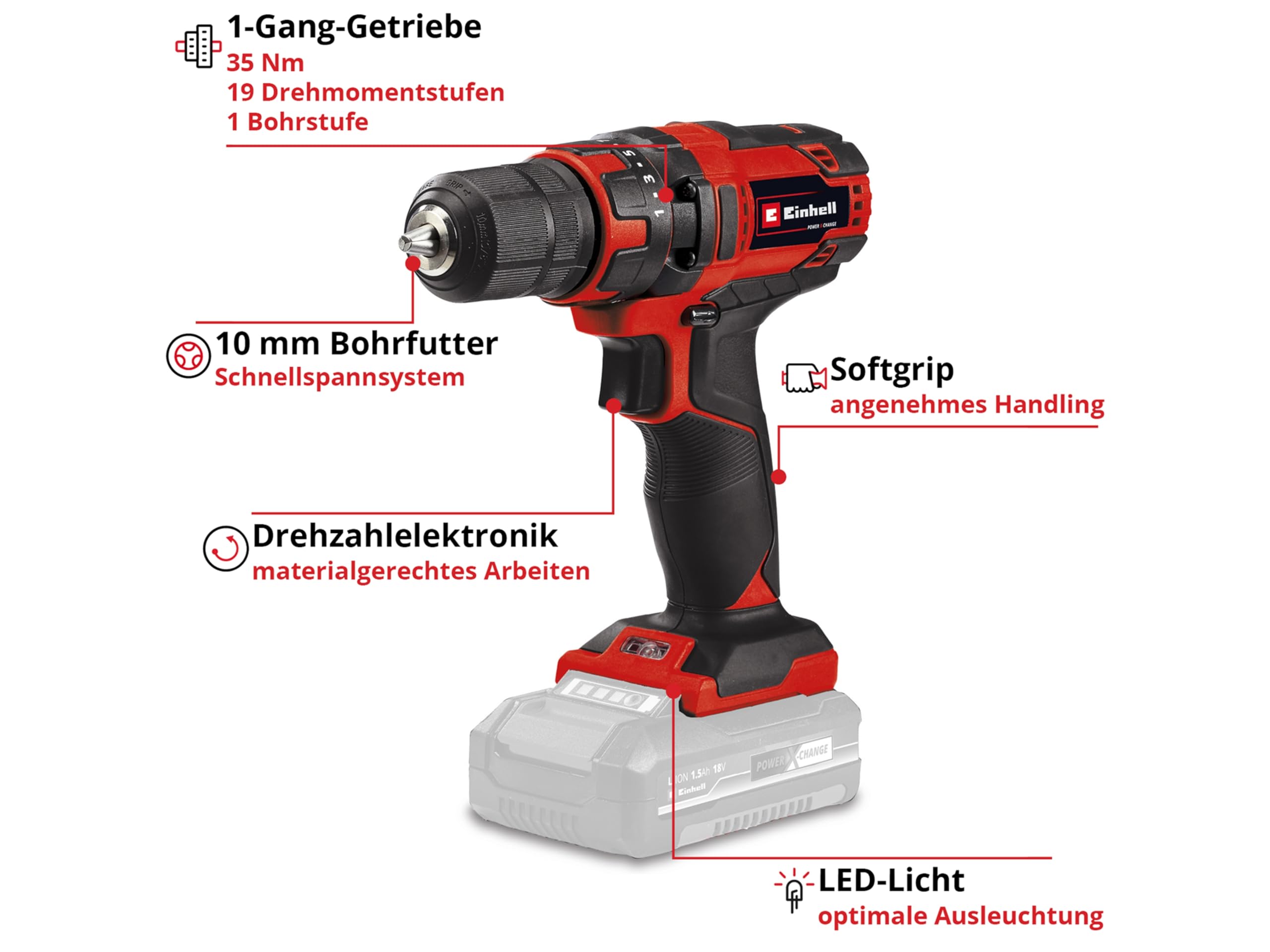 Einhell Wkrętarka akumulatorowa TC-CD 18/35 Li-Solo Power X-Change (Li-ion, 18 V, 550 obr./min-1, 35 Nm, uchwyt wiertarski 10 mm, w tym, bez akumulatora i ładowarki)