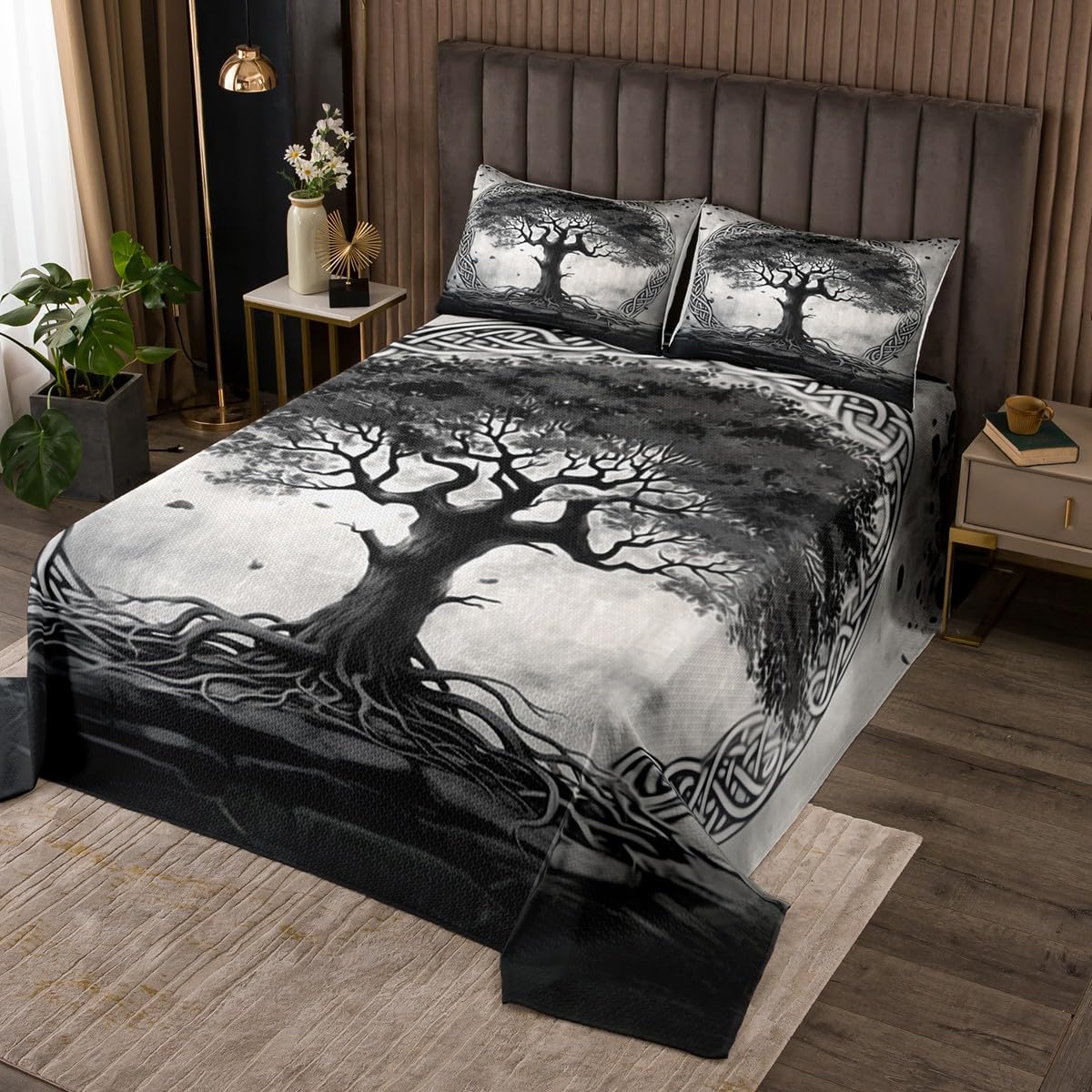 Homewish Tree of Life Bedspread Queen Size,Tree Aesthetic Bedding Sets for Kids Girls Boys Teens Adult Bedroom Decor,Black Grey Exotic Gothic