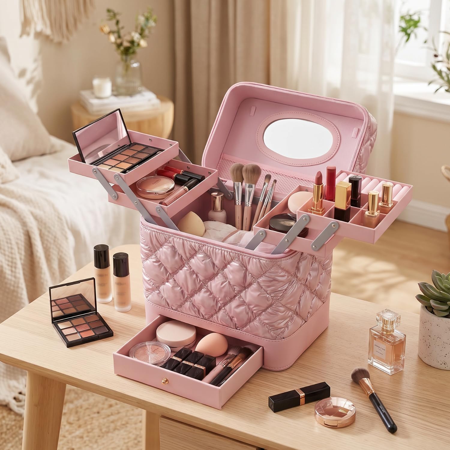 SHAMAX Big Makeup Organizer Box with Mirror, 4 Trays & Drawer Cosmetic Vanity Case Portable Cosmetic Organizer Spacious Vanity, Travel and Storage (Pink) 3