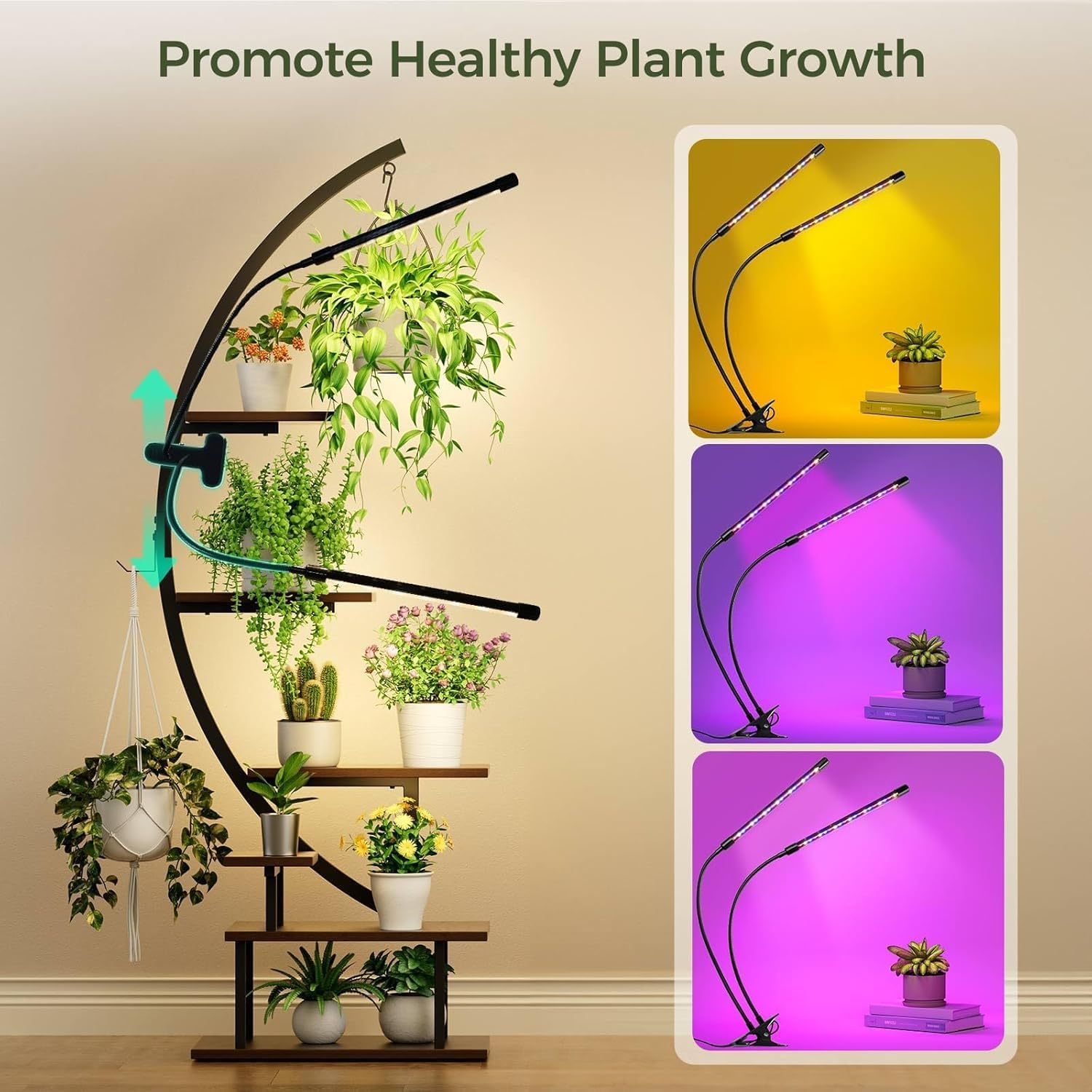 GREENSTELL Plant Stand with Grow Lights, Half Moon 7 Tiered Metal Plant Shelf, Multiple Tier Curved Ladder Flower Pot Stand Display Rack for Indoor Living Room Patio Garden Balcony Brown (1 Pack)