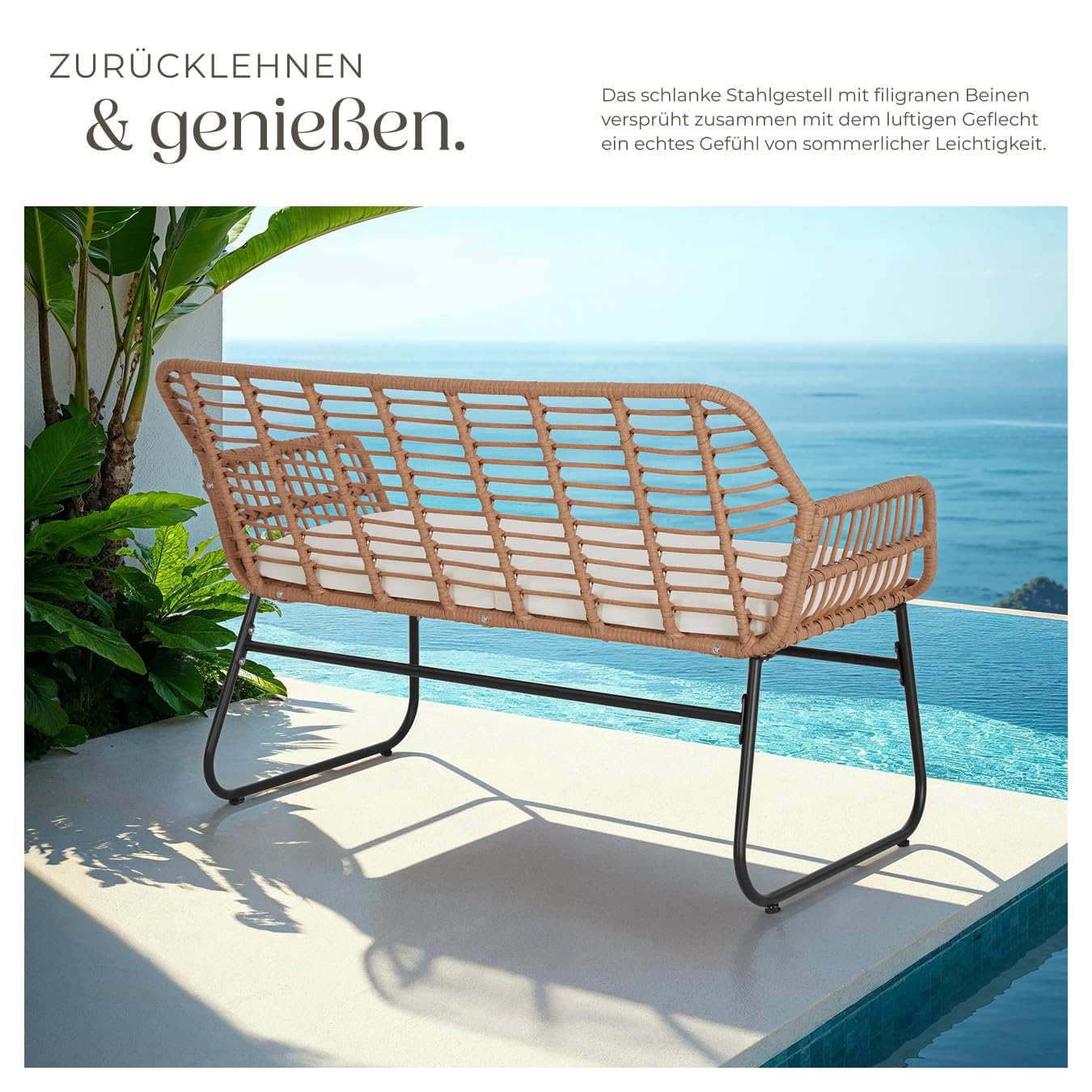 tectake® Outdoor Rattan Sitzgruppe, Möbel, Balkonmöbel, Gartenmöbel Set mit 1x Gartenbank, 2X Stühle + Tisch, Balkonmöbelset für Garten, Terrasse, Balkon - Natur