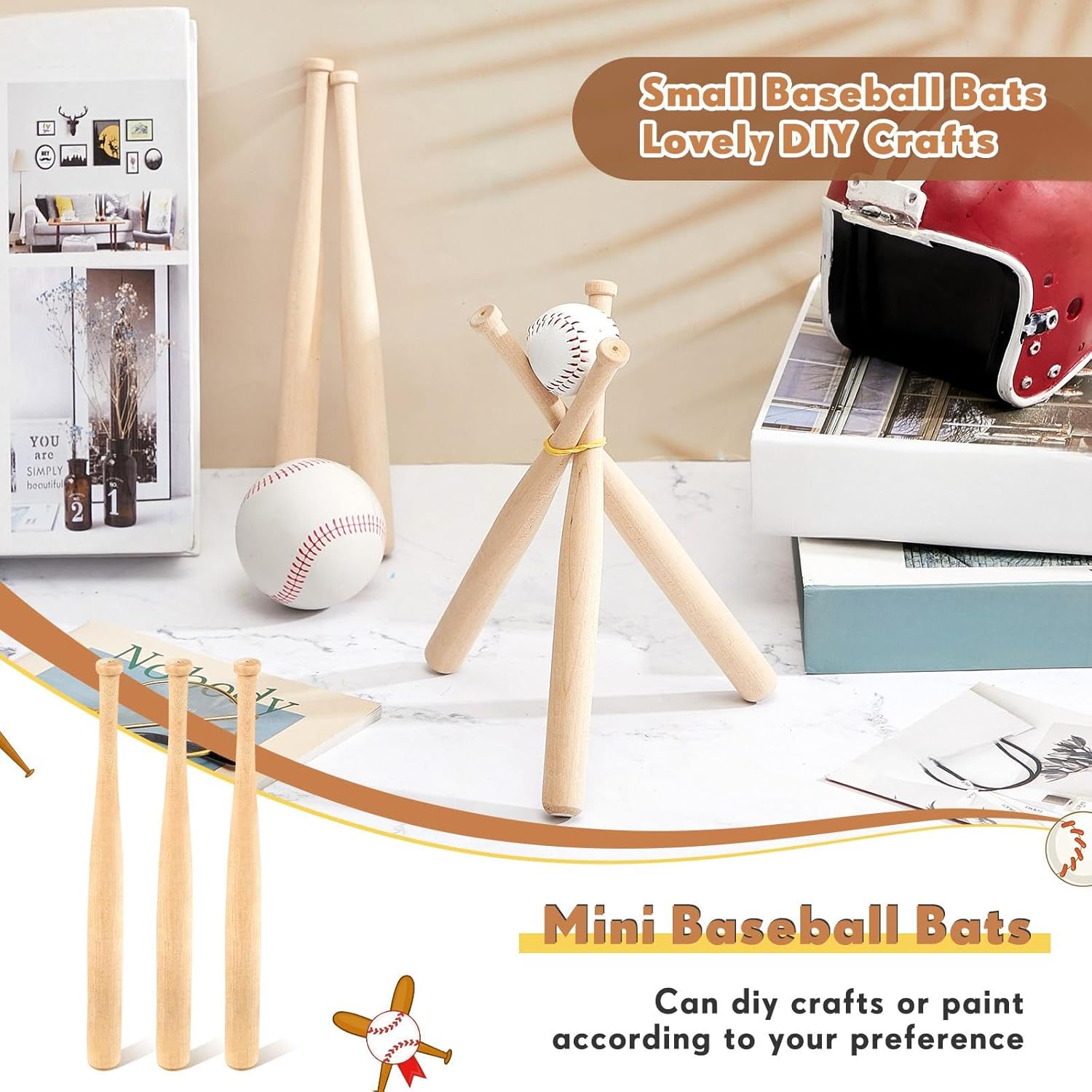 Juexica 3 Pcs 8 Inches Unfinished Mini Baseball Bat Unpainted Small Wooden Bats for Painting Keychain Action Figures DIY Craft Projects Ball Sports Party Favors