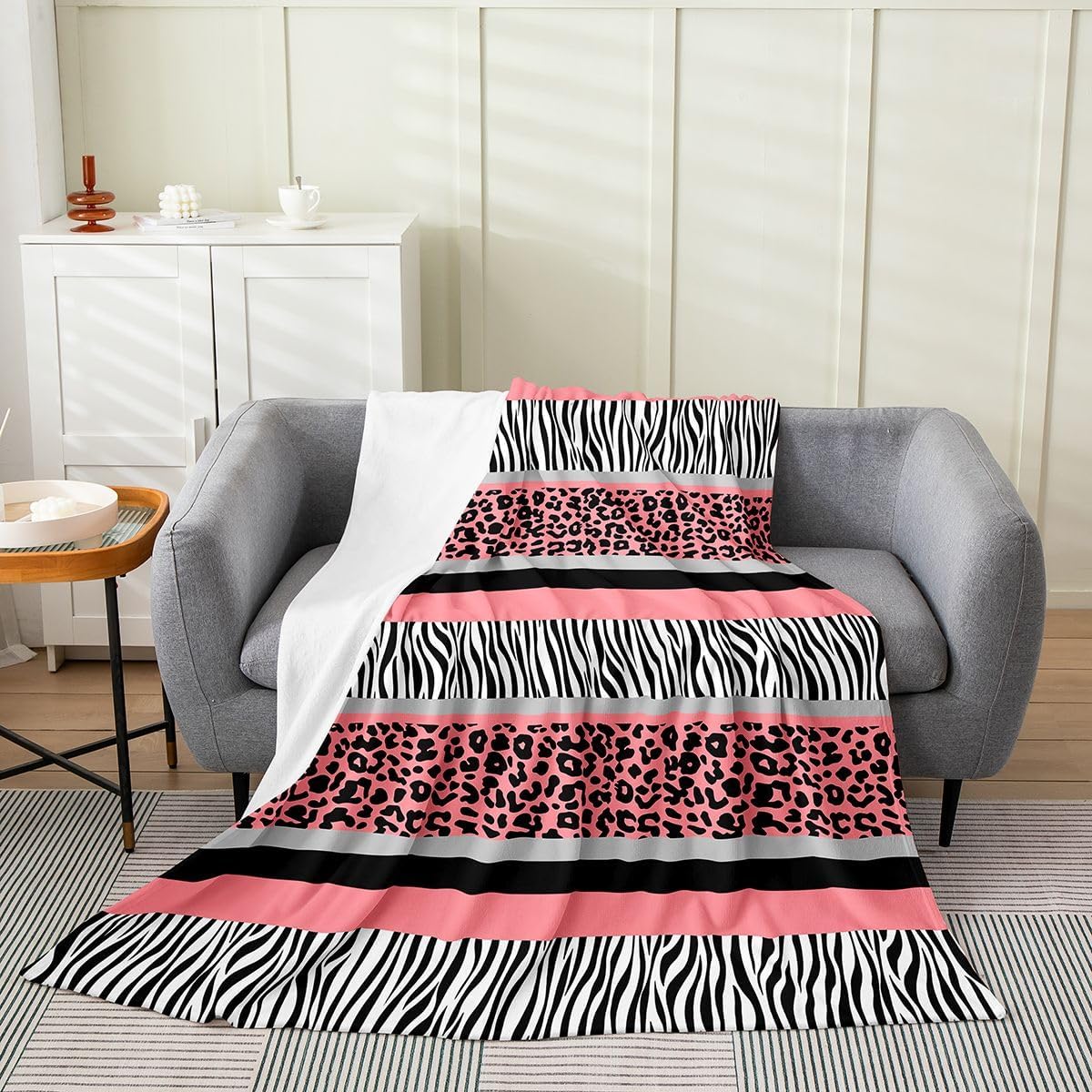 Pink Zebra Leopard Fuzzy Blanket Queen 90"x90" Zebra Stripes Plush Blanket Black White Zebra Leopard Flannel Fleece Throw Blanket for Kids Boys Girls Safari Animal All Season Bed Blanket Warm Cozy