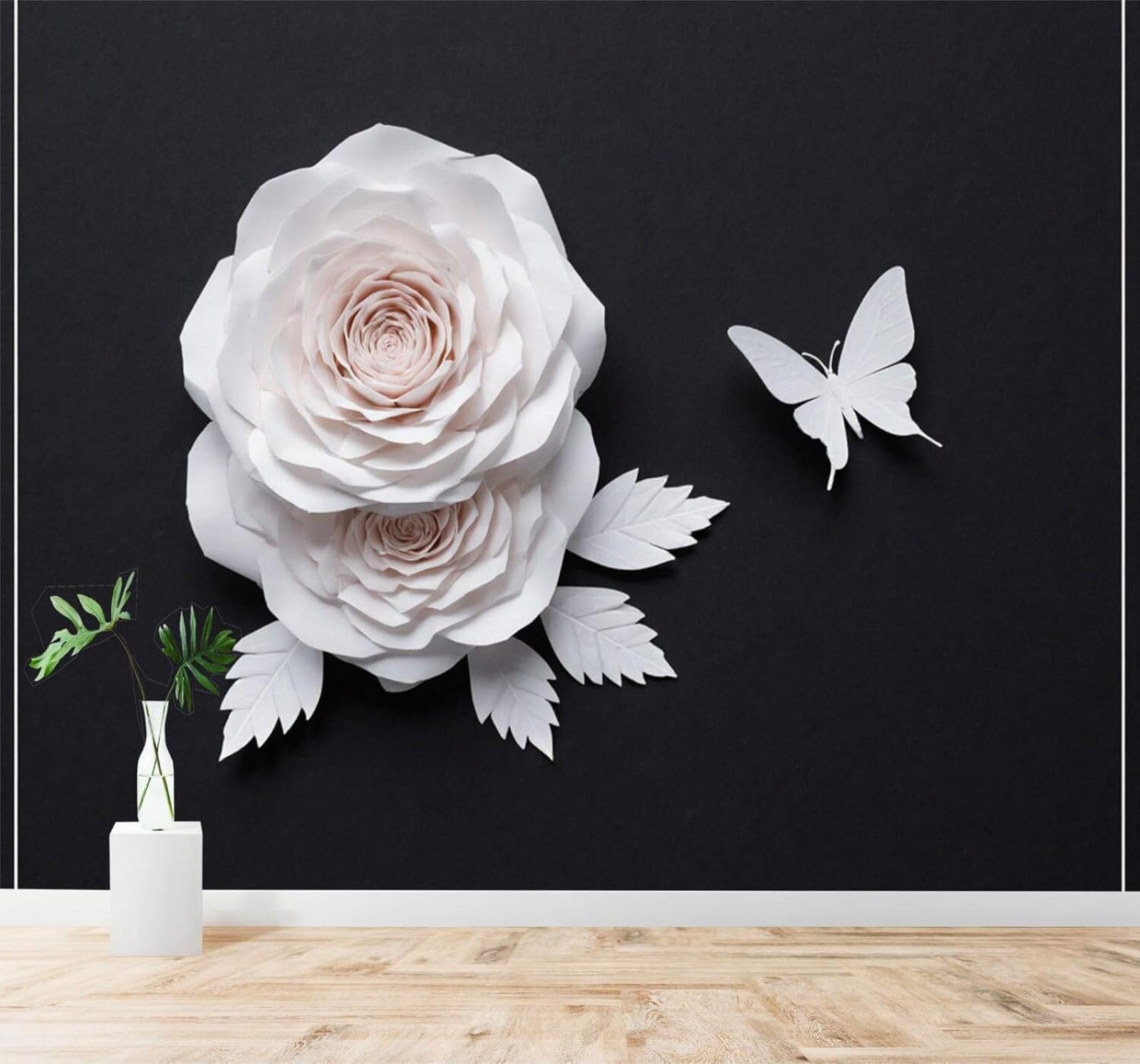 XLMING Minimalist Three Dimensional White Rose Butterfly 3D Wallpaper Silky Texture Home Study Office Grey Dining Room Sofa Bedroom Living Room TV Backdrop-430cm×300cm