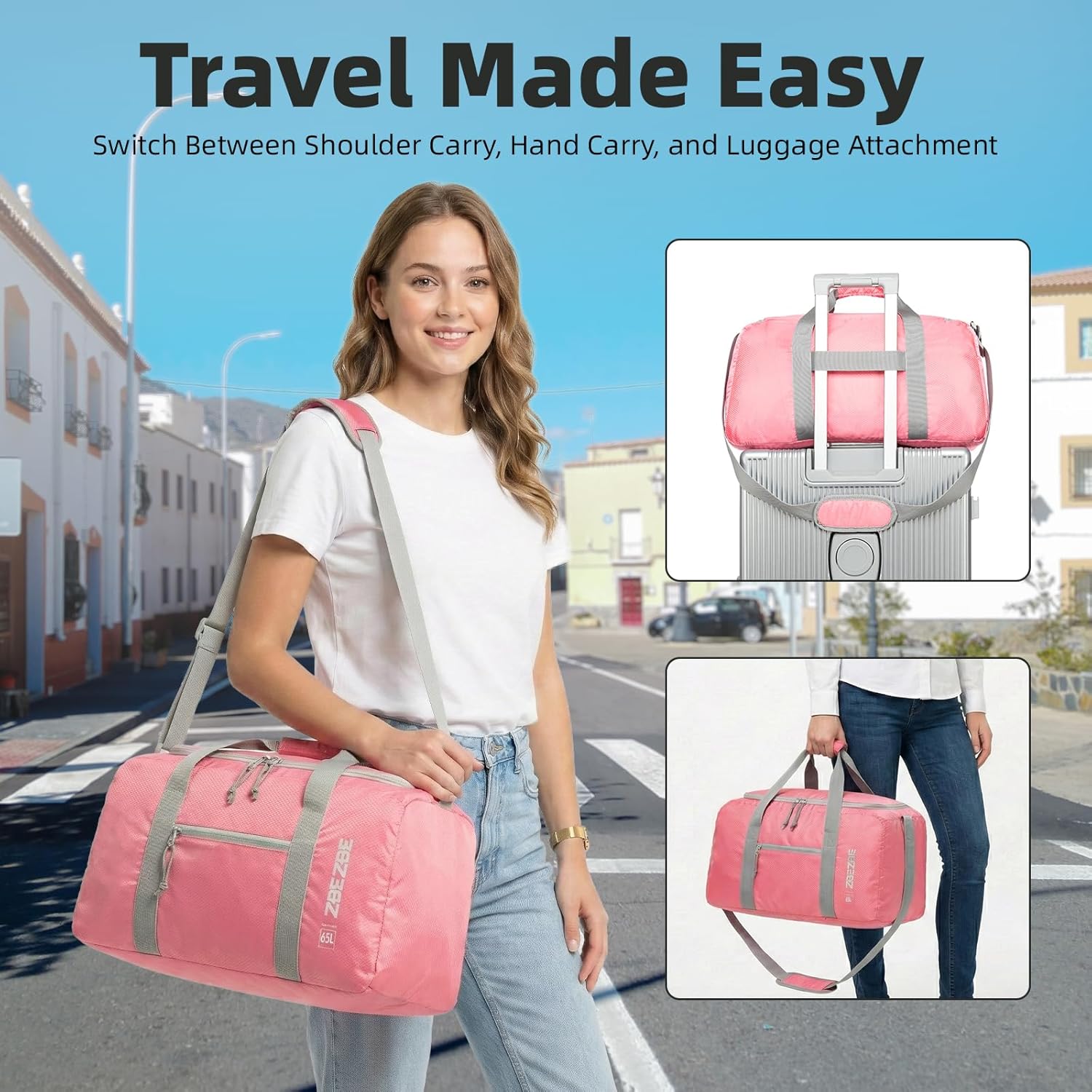 65L Foldable Travel Duffel Bag, Large Weekender Bag with Wet Pocket, Water-Repellent Carry on Bag for Overhead Bin, Heavy Duty Sports Gear Bag for Men Women, Move-in Bag-pink