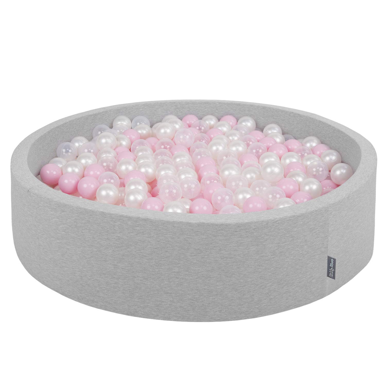 KiddyMoon Soft Ball Pit Round 120X30cm/600 Balls ∅ 7Cm / 2.75In For Kids, Foam Ball Pool Baby Playballs Children, Made In The EU, Light Grey:Powder Pink-Pearl-Transparent