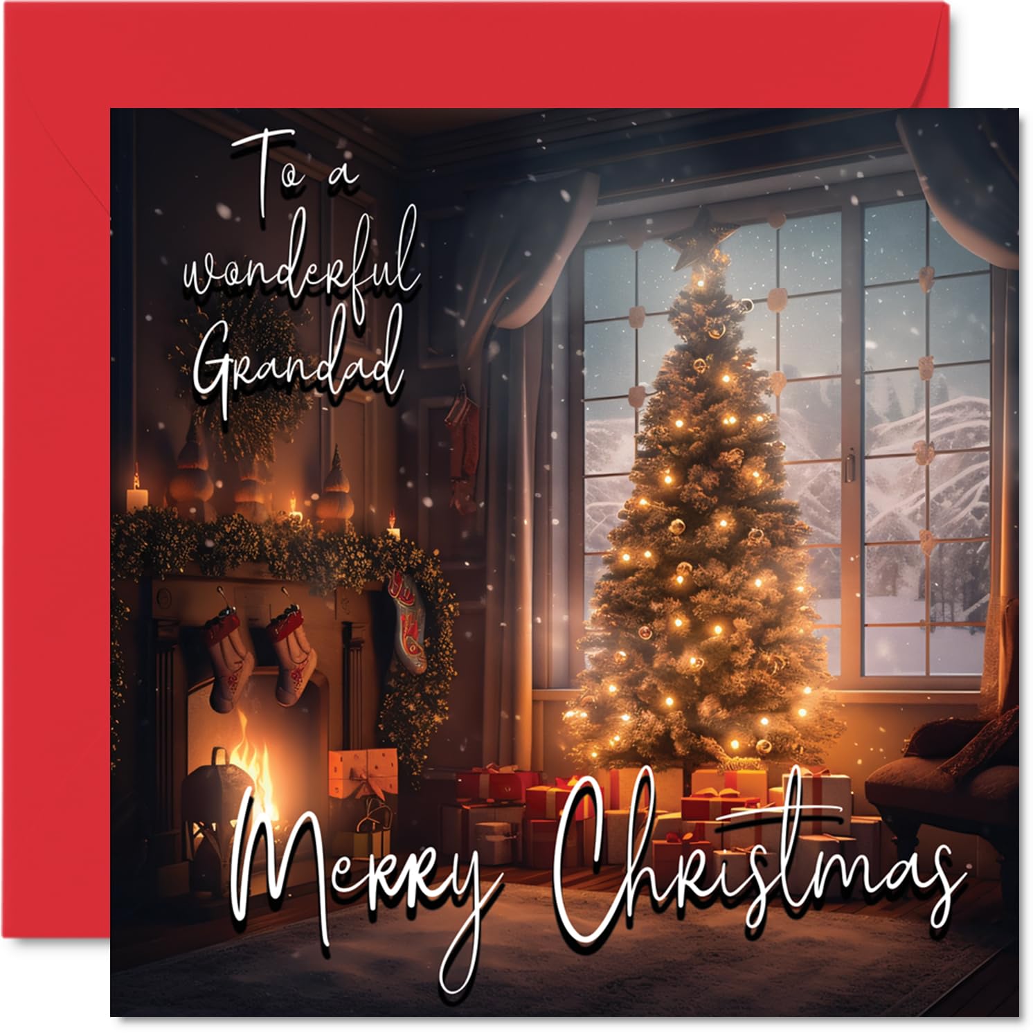 Traditional Happy Christmas Card for Grandad - Merry Christmas to Grandad - Happy Xmas Card from Grandson Granddaughter, 145mm Single Seasonal Greeting Cards Gift