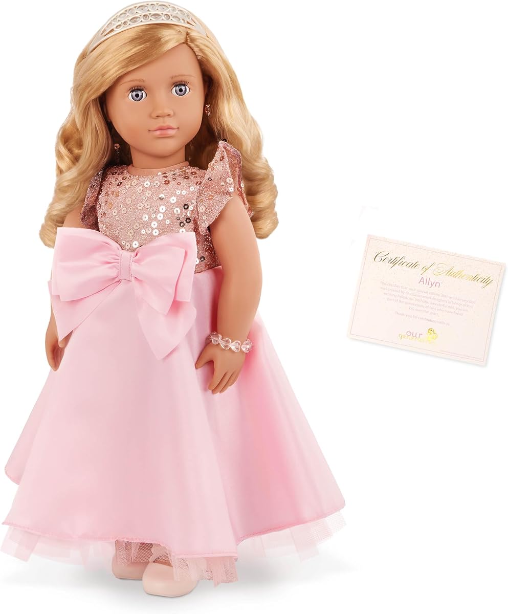 Nuestra generación - Muñeca de colección 30 aniversario de edición especial - Ojos violetas únicos y cabello rubio ondulado - Accesorios de vestido y joyería rosa festivo - Juguetes para niños mayores de 3 años - Allyn