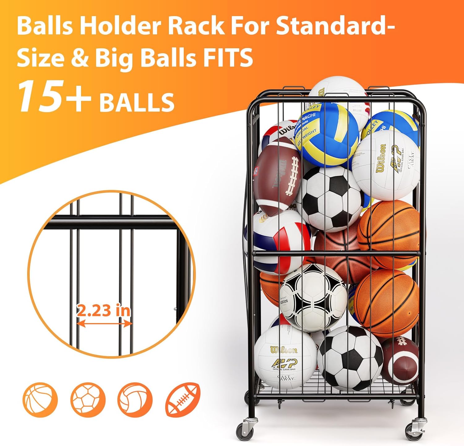Olldide 210L 43-Inch Large Ball Storage Basket with Wheels, Rolling Cart Sports Equipment Garage Organizer with Elastic Rope for Easy Access, Holder For Basketball, Soccer, Volleyball, Football