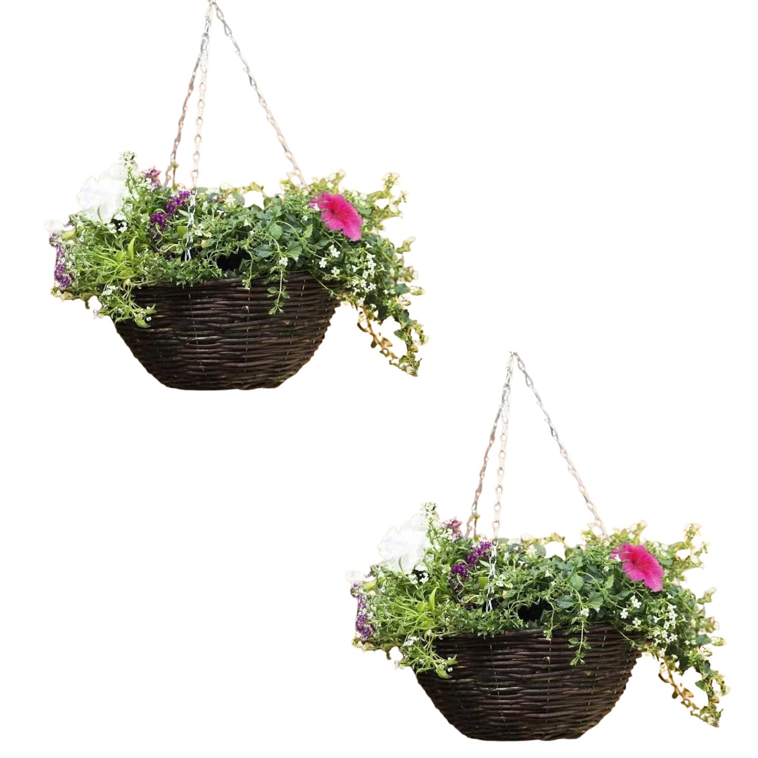 Garden Mile Set Of 2 12” Hanging Flower Baskets – Dark Brown Rattan Wicker Planters With Liner & 16” Chain – Outdoor Hanging Plant Pots For Garden, Balcony & Patio