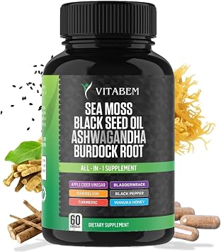 Sea Moss Black Seed Oil Ashwagandha Turmeric Bladderwrack Burdock Root | Advanced Sea Moss Capsules All in One Supplement with Seamoss Black Seed Oil Burdock Root Capsules - 60 Count