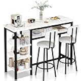 Lamerge Furniture Kitchen Bar Height Table and Chairs for 2, 5-Tier Compact Dining Room Table, White Faux Marble Top and 2 PU Leather Upholstered Seat Black Frame, Modern Dining Set for Home & Office