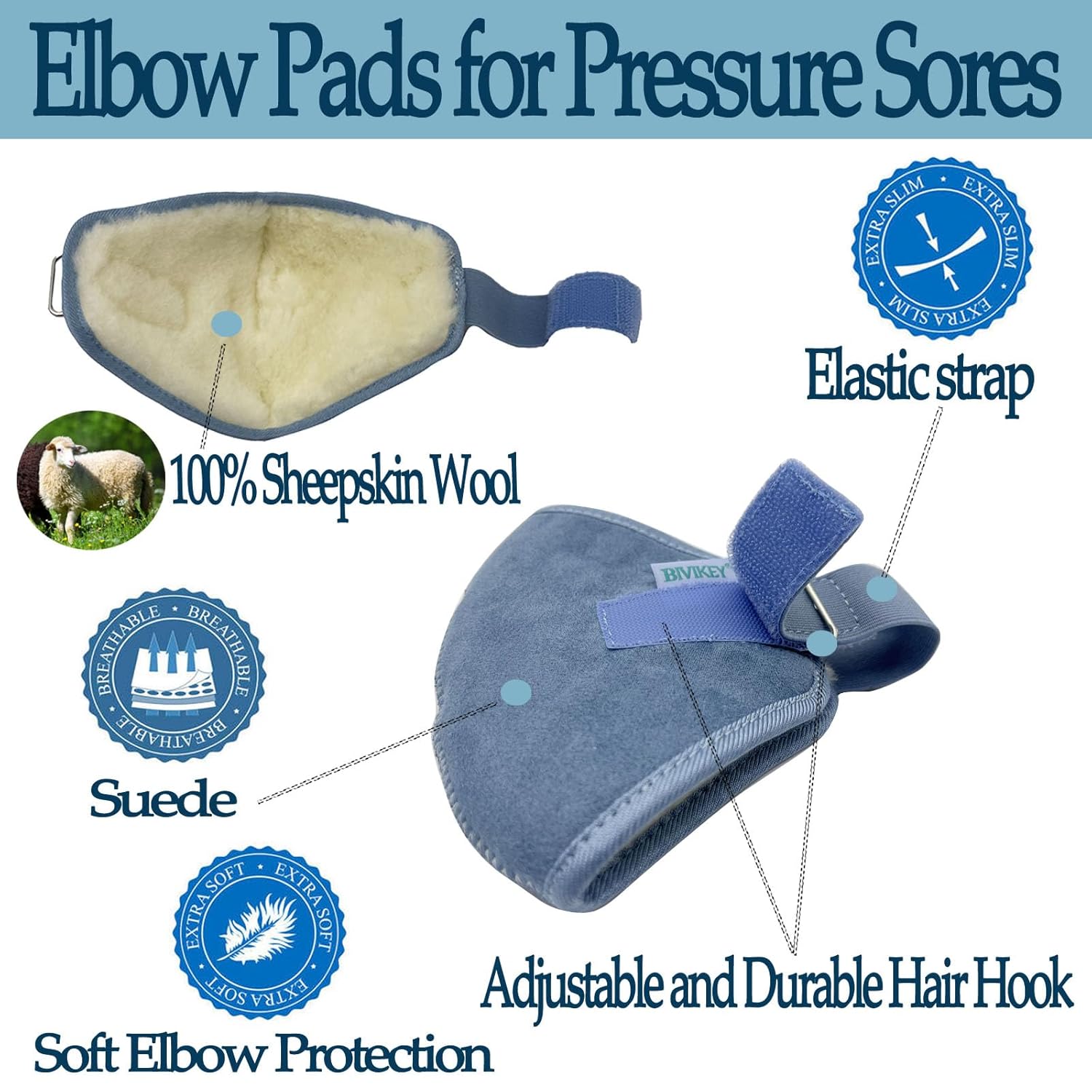 2 Pcs Australian Sheepskin Elbow Pressure Sores Protector Arm Pads Adjustable Suitable for Office Home Elderly Care and Medical Institutions Unisex Blue