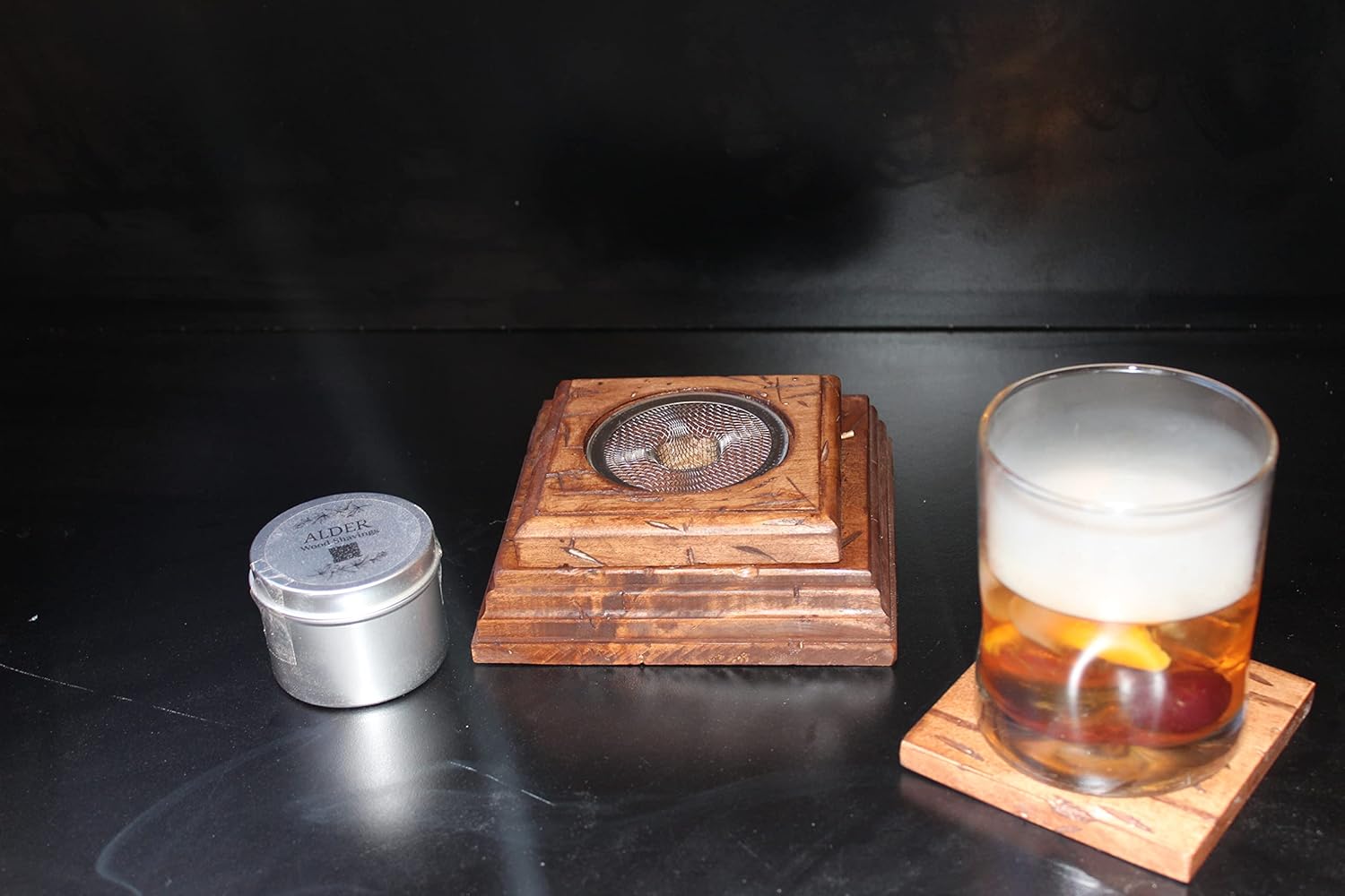 Cocktail Smoker- Copita Cocktail Smoker & Wood Shaving Base (Distressed) w/Alder Wood Shavings and Cotton Drawstring Bag, 5.5''x5.5''x2''