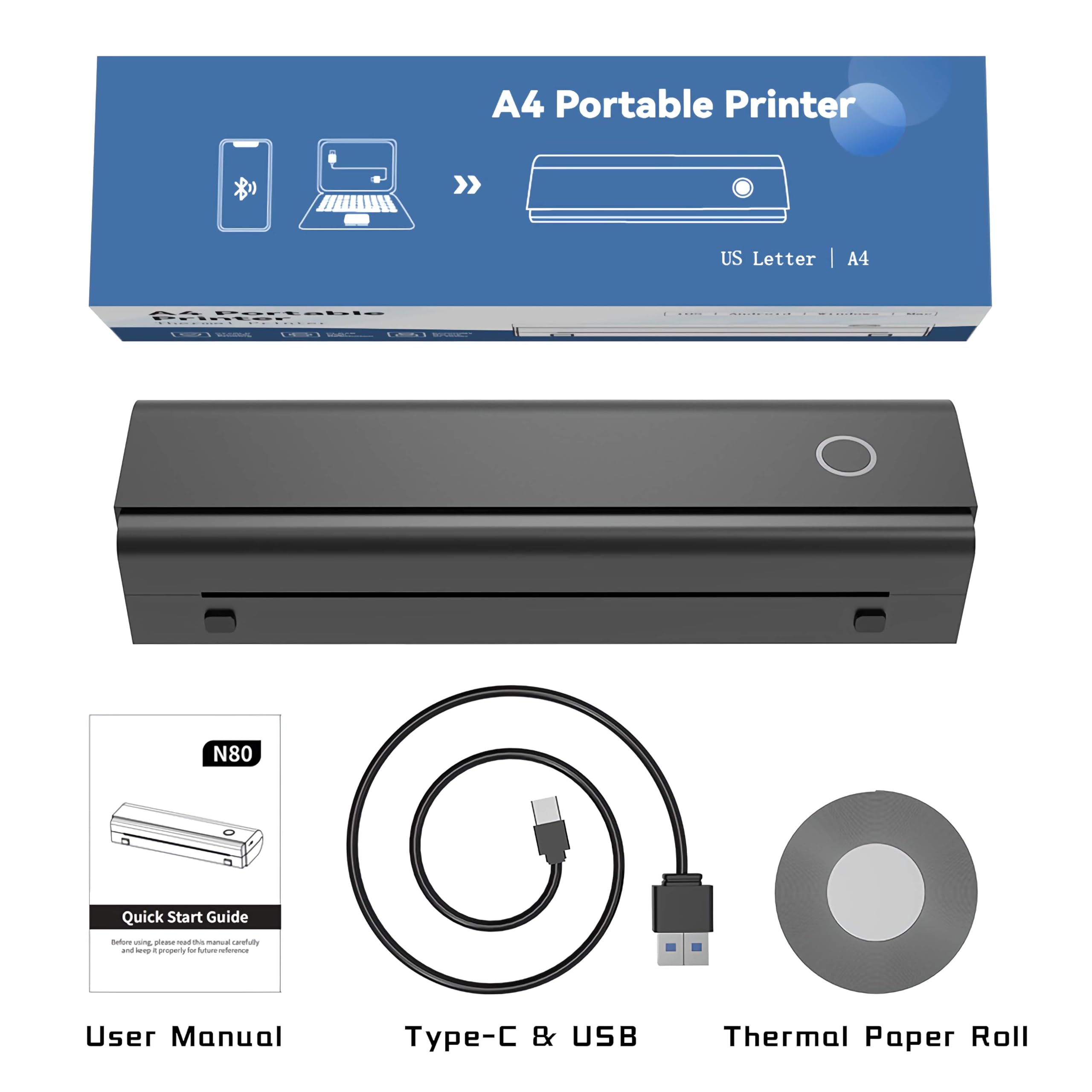 Imprimante Thermique Portable A4 sans Encre pour Documents, factures, reçus d'expédition et modèles de Tatouages