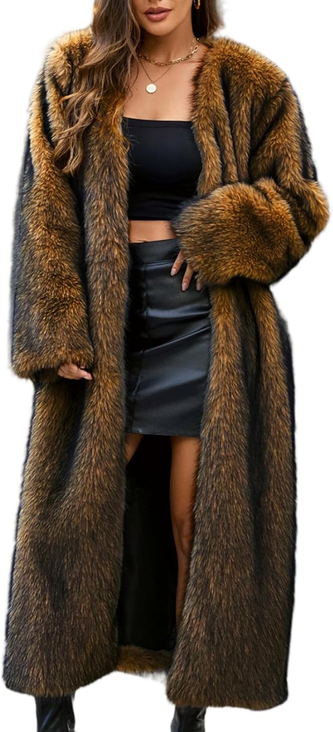 Long Faux Fur Coats For Women Shaggy Lapel Open Front Cardigan Fuzzy Fleece Jacket Long Sleeve Warm Winter Coats Outerwear