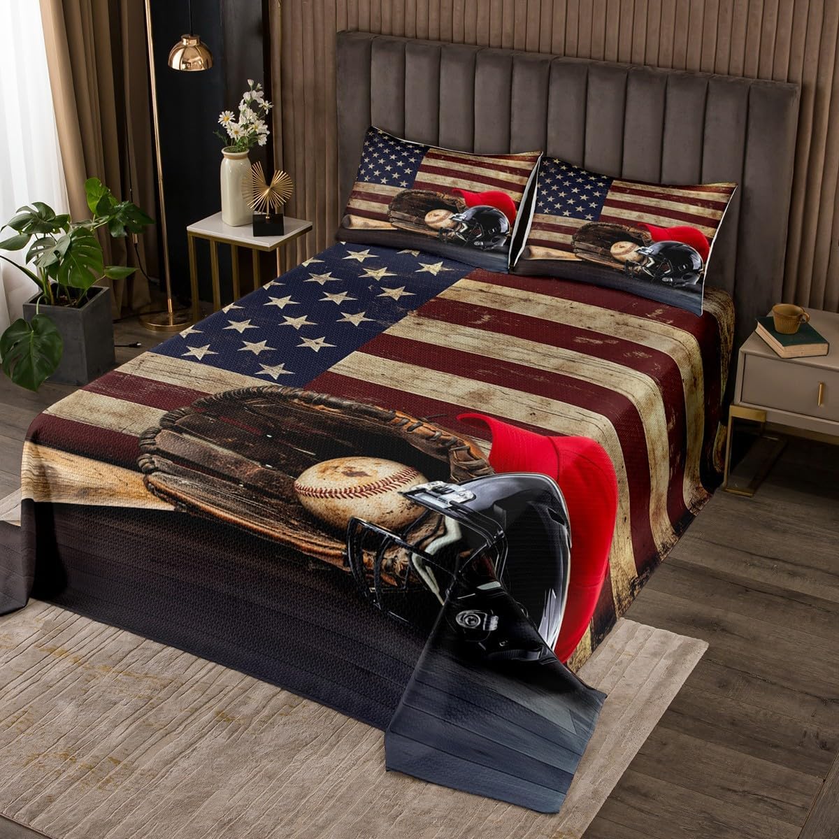 Erosebridal American Flag Twin Bedspread Set, Baseball Gloves Microfiber Quilt Set for Bedroom, USA Helmet Coverlet Set & Bedspread for Kids Boys Girls, Happy Independence Day Quilt Bedding Sets