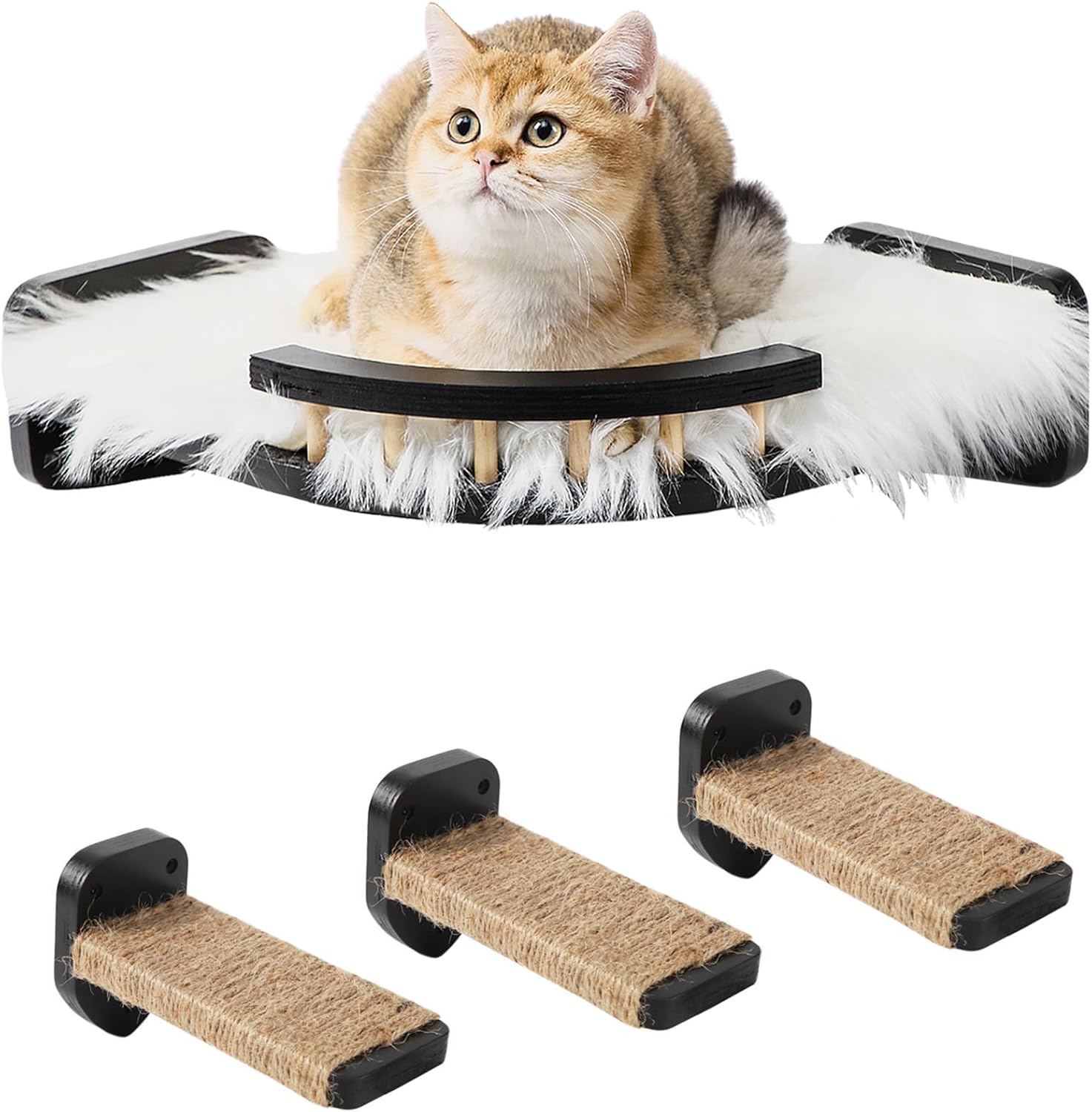 Cat Wall Shelves + 3 Pcs Cat Wall Steps,Corner Cat Shelf with 3 Steps Scratch Post,Wall-Mounted Cat Climbing Shelf Cat Wall Furniture Steps Set