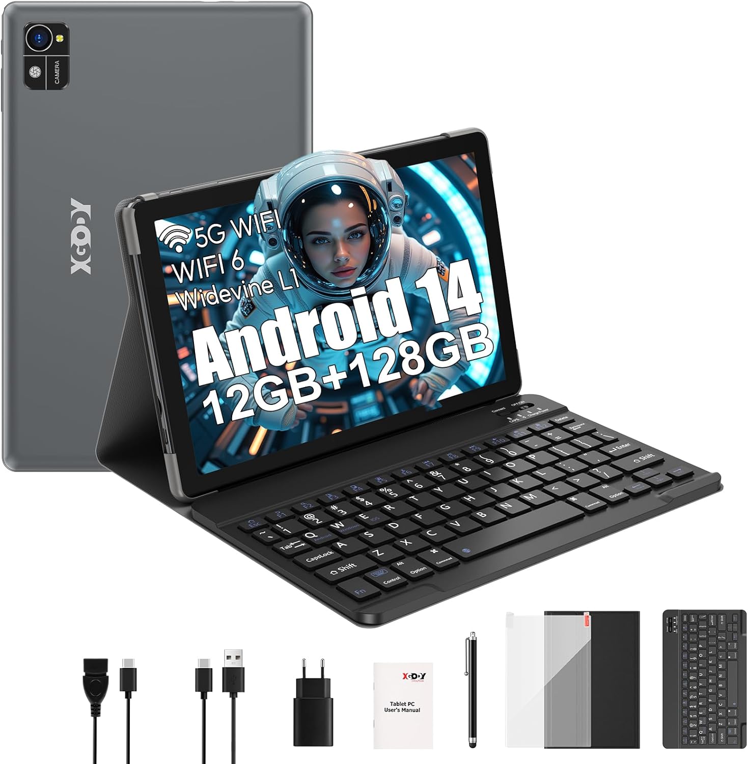 Product image of XGODY 10 Zoll Android 14 Tablet mit Tastatur 2,4G/5G WLAN 2,0 GHz | 12 GB RAM + 128 GB ROM (TF 1 TB) | FHD | 5+13 MP Kamera | 7000 mAh | Bluetooth 5.0,Tablet PC – Schwarz