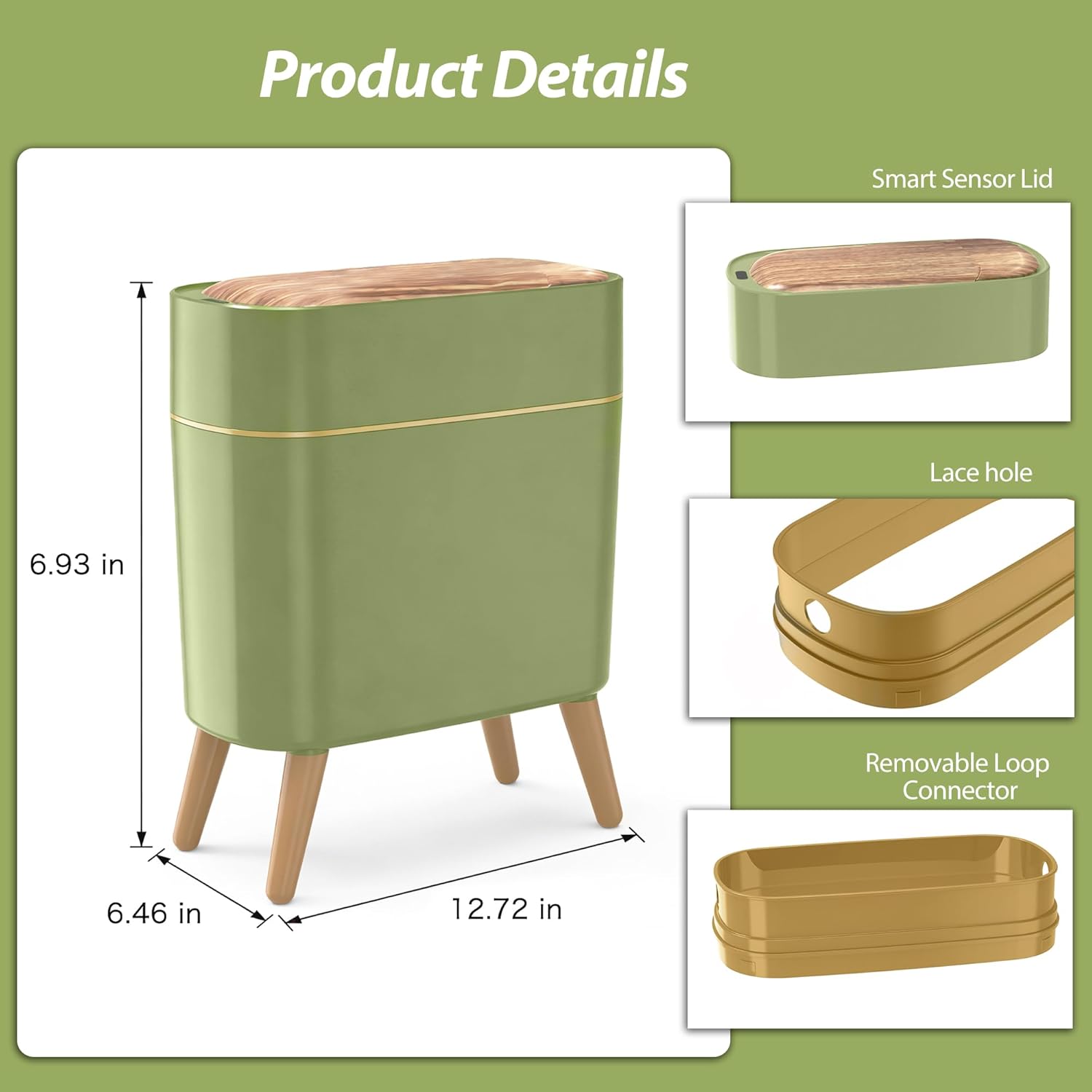 suyika Automatic Trash Can, 2.6 Gallon/10L Bathroom Trash Can with Lid - Wood Grain Lid and Legs, Touchless Waterproof Garbage Bin for Bedroom, Bathroom, Office, Living Room