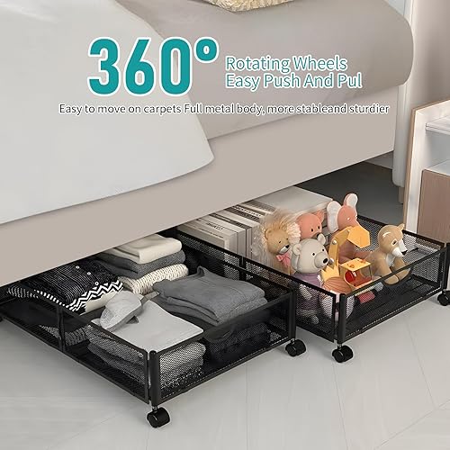 Miniatura 3 de Kmise 4 unidades de almacenamiento debajo de la cama con ruedas, contenedores de almacenamiento de metal debajo de la cama para dormitorio, ropa,