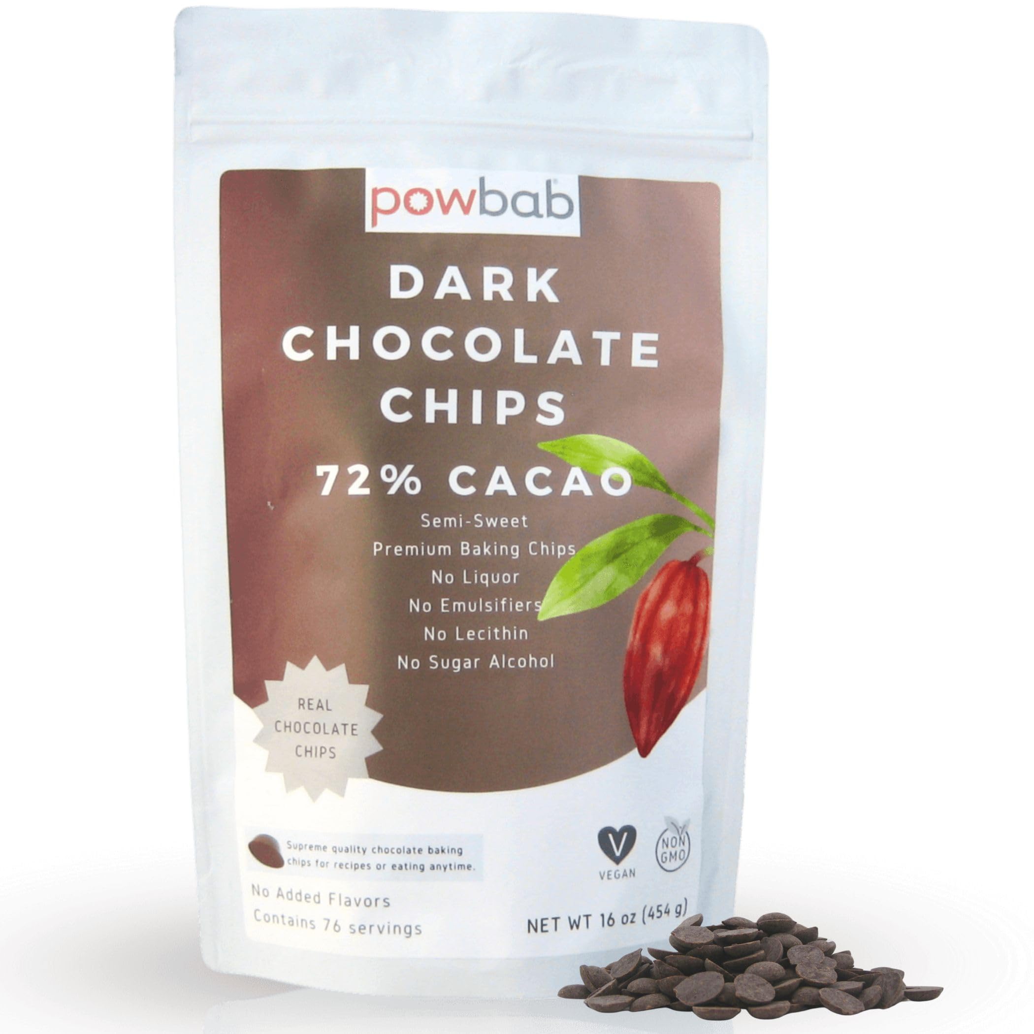Powbab Dark Chocolate Chips 72 Cacao Organic Semi Sweet Chocolate