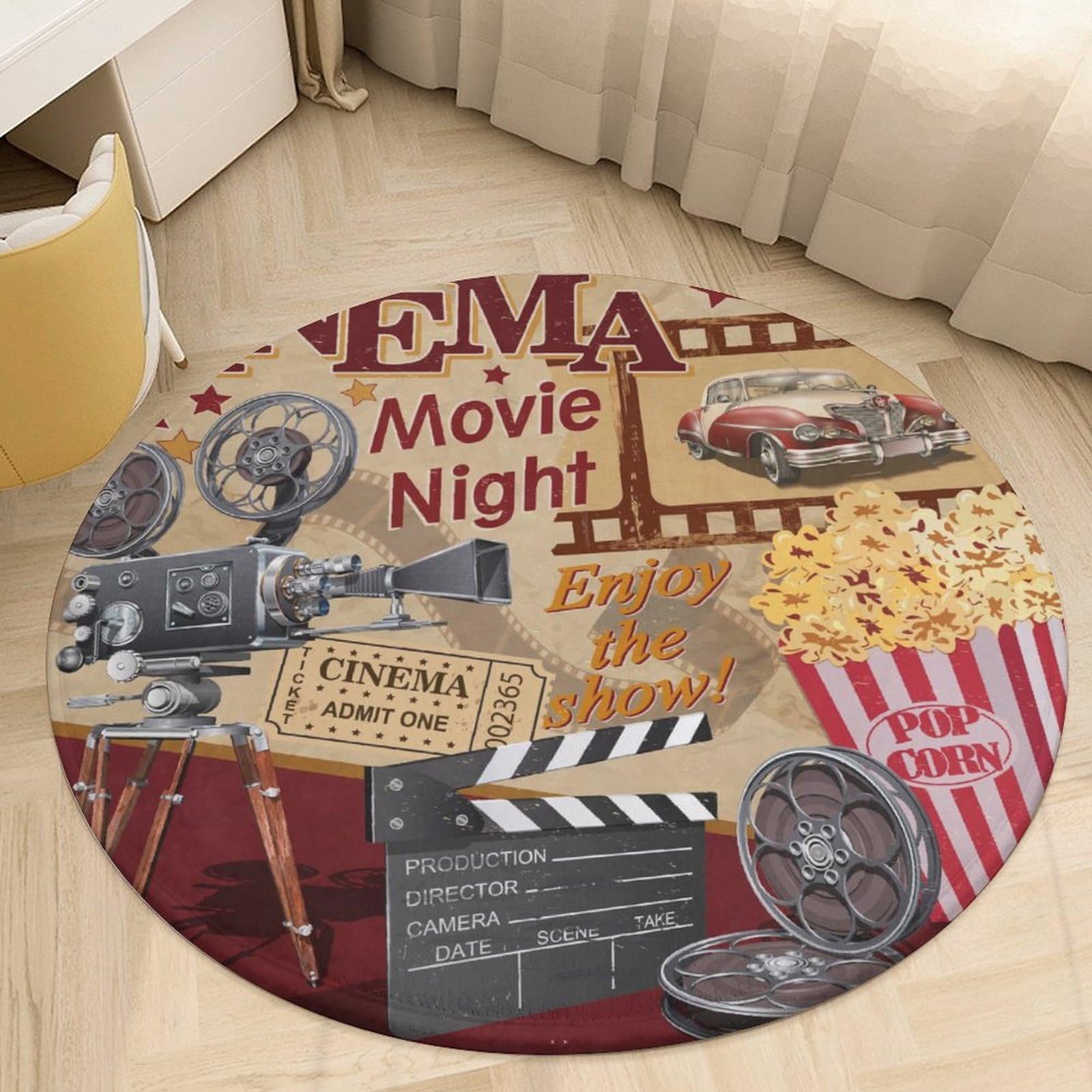 Huryilo Cinema Movie Theater Round Rug Movie Night Decorations Vintage Circle Area Rug Round Carpet for Party Living Room Bedroom 3 ft