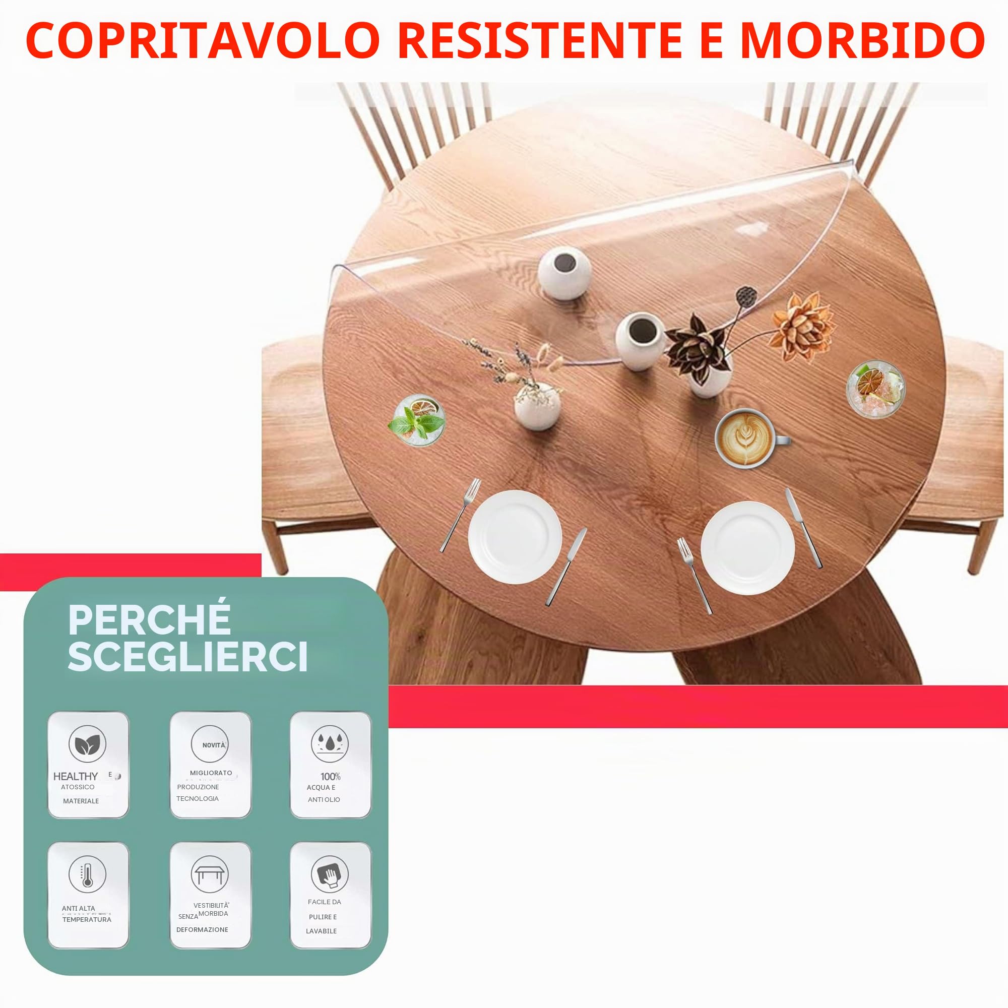 Artwelt Tovaglia trasparente rotonda, 2 mm, pellicola trasparente per tavolo, impermeabile, lavabile, dimensioni desiderate, per tavoli rotondi, diametro 120 cm