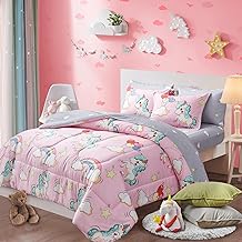 Kids Girls Bed in a Bag 7 Pieces Queen Size Unicorn Pink Comforter Set - (1 Soft Microfiber, Reversible Comforter, 2 Pillow Shams, 1 Flat Sheet, 1 Fitted Sheet, 2 Pillowcases)