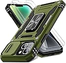 DEERLAMN Case for iPhone 13/iPhone 14 6.1-Inch with Slide Camera Cover+Screen Protector(2 Packs),Rotated Ring Kickstand Military Grade Shockproof Protective Cover-Olive Green