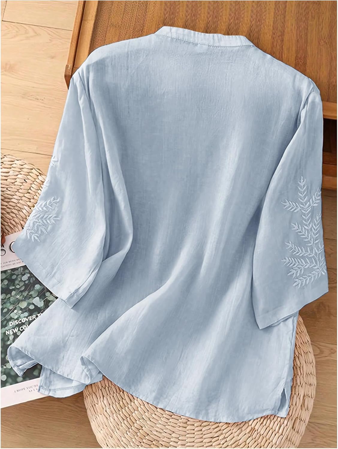 MakeMeChic Women's Boho Blouses Notch V Neck Embroidery 3/4 Sleeve Shirt Tops - Image 2