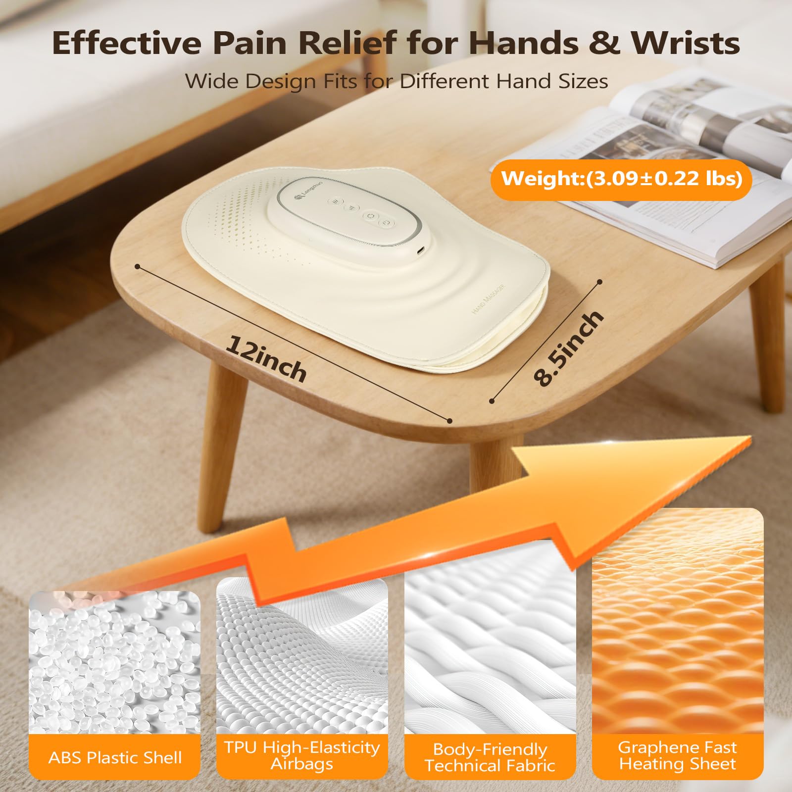 Handmassagegerät mit Wärme & Kompression, Kabelloses Handmassagegerät mit 3 Modi & 3 Intensitätsstufen zur Linderung von Ermüdung der Hand, perfekt für Zuhause, Büro, Reisen