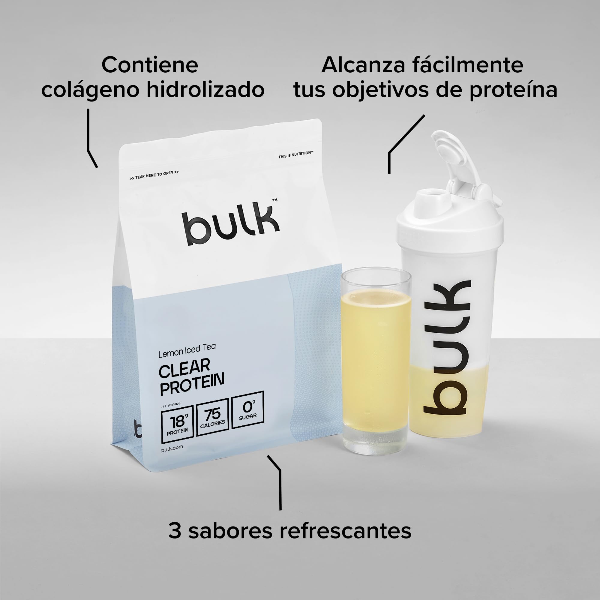Bulk Clear Protein | Mezcla de Suero de Leche y Colágeno | 1600 g | 80 porciones | 18 g de proteína | 5 g de BCAA | Rápida absorción | Favorece el crecimiento muscular | Té helado de limón