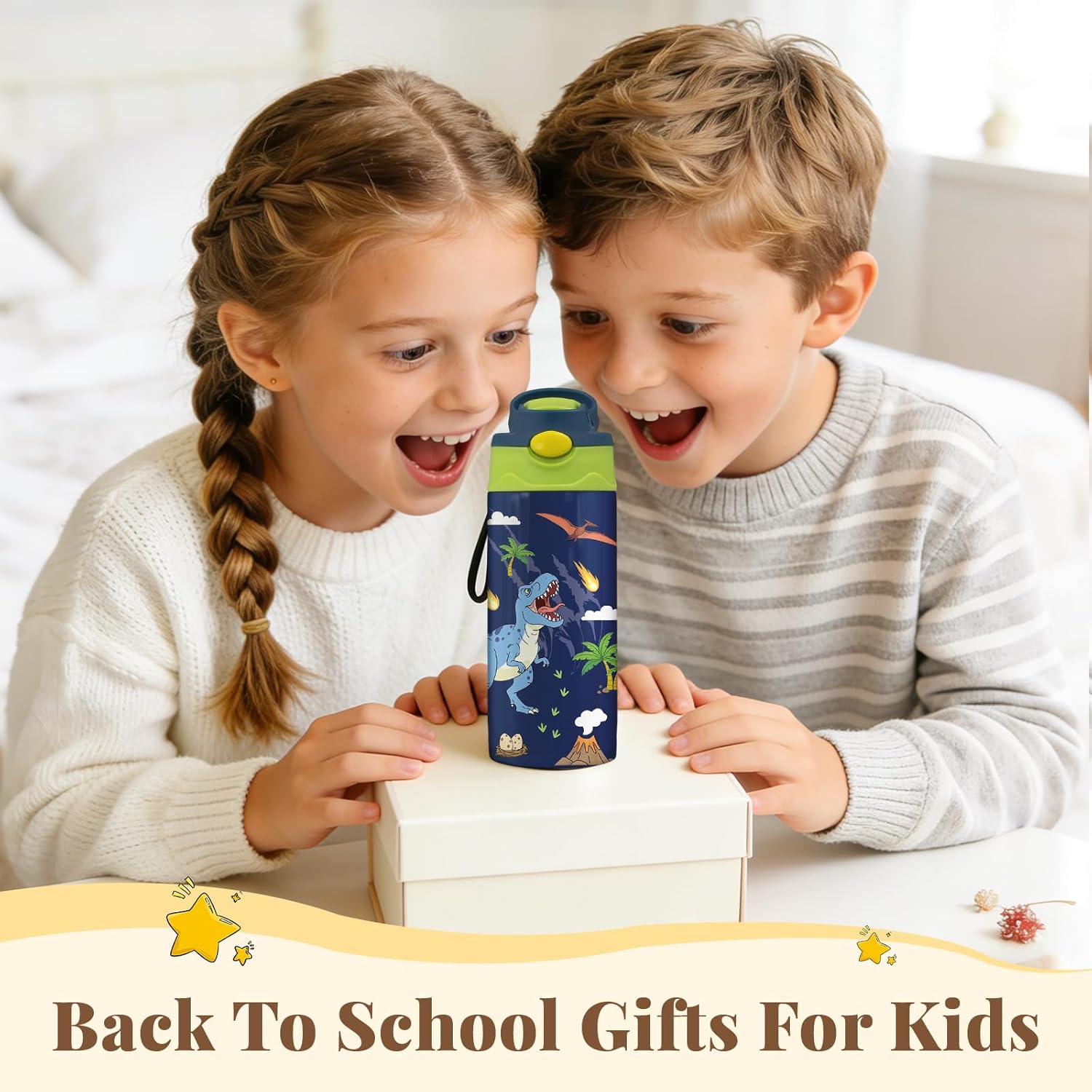 Dinosaur Gifts for Boys Girls - 12oz Kids Water Bottle with Straw, Dino Stainless Steel Water Bottle, Insulated, Leak-proof, BPA-free, Pop-up Straw Lid, for School - Children Birthday Gift Cup(1pc) - Image 7