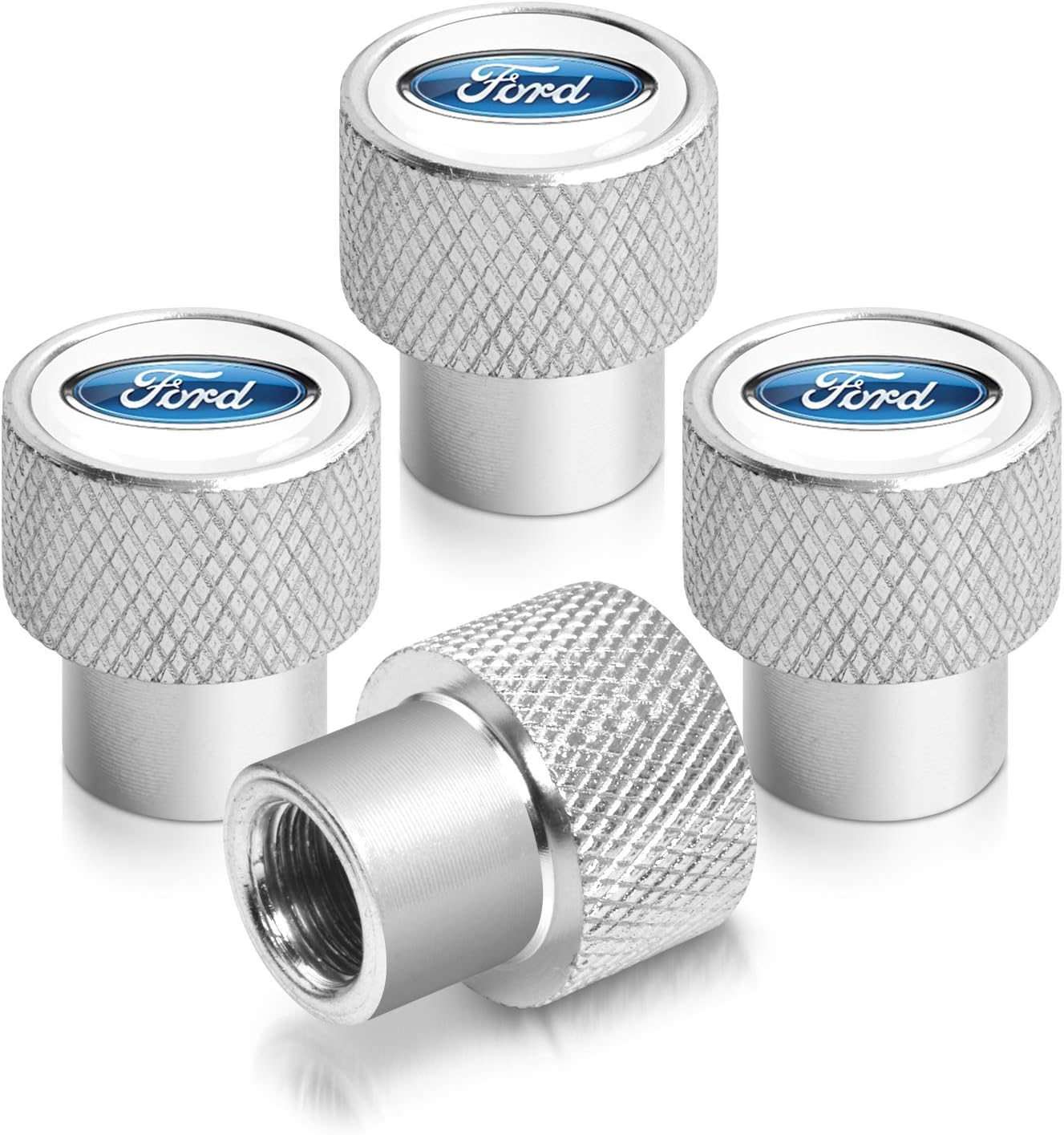 iPick Image for Ford Logo in White on Silver Easy-Grip Aluminum Tire Valve Stem Caps