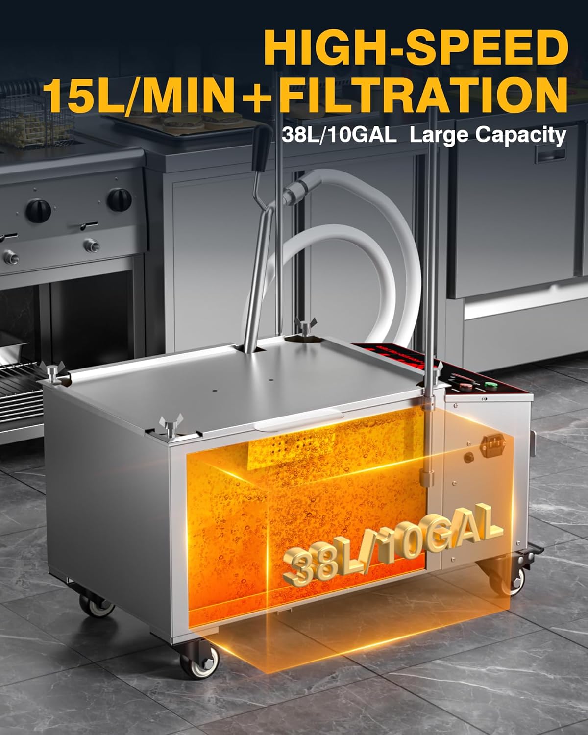PYY Fryer Filter Machine - 38L Mobile Fryer Oil Filter Machine 15L/min 1700RPM Stainless Steel Commercial Deep Fryer Oil Filtration Grease Filter Machine for Restaurant Supermarket