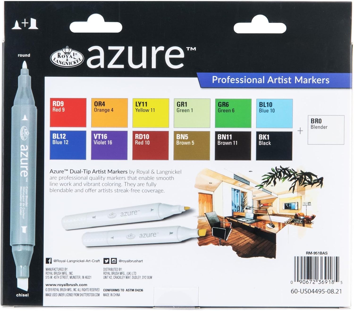 Royal & Langnickel Azure, 13pc Dual-Tip, Alcohol Based Marker Set, Includes - 12 Markers & 1 Blender, Basic Colors